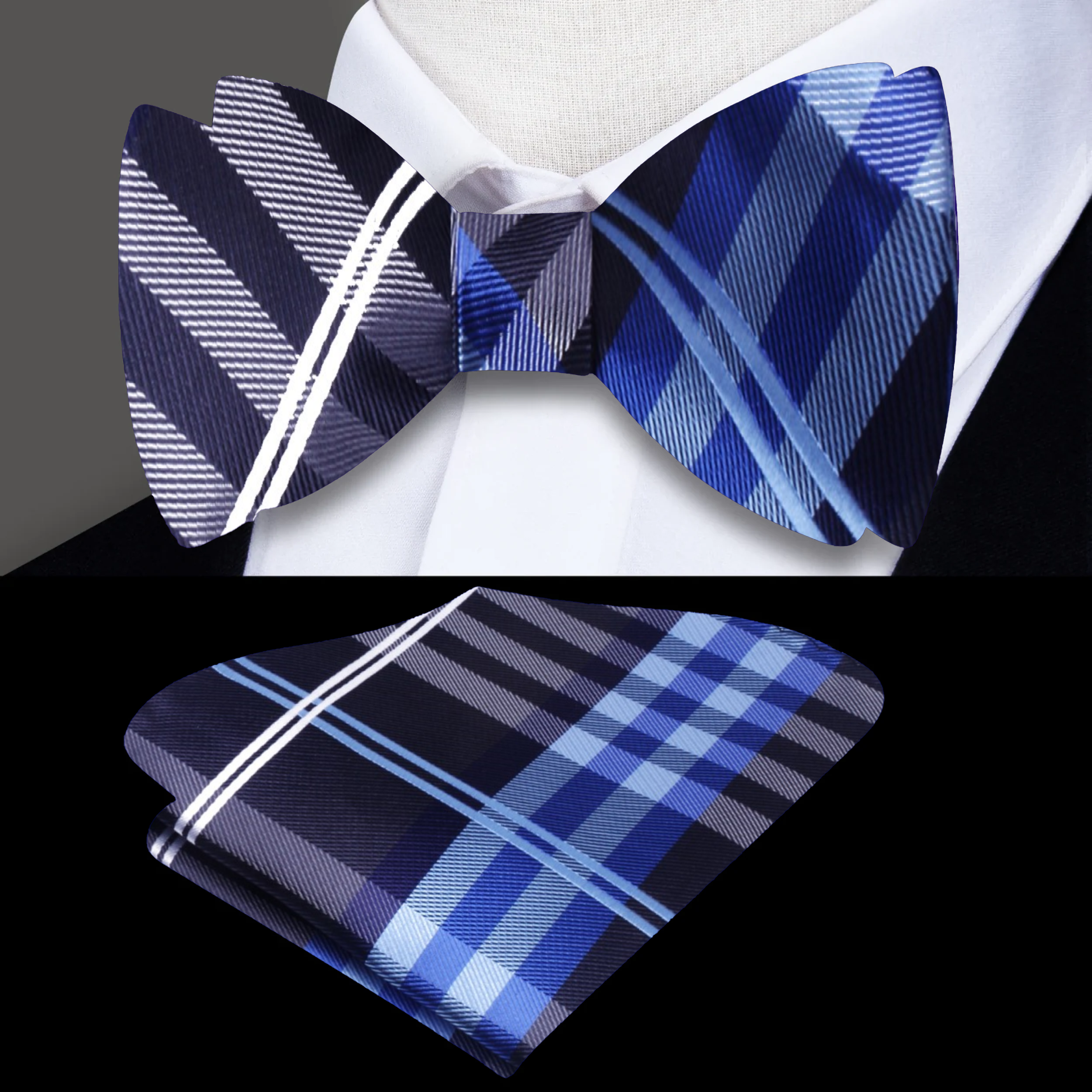 Close-up of a black and green plaid bow tie on a model