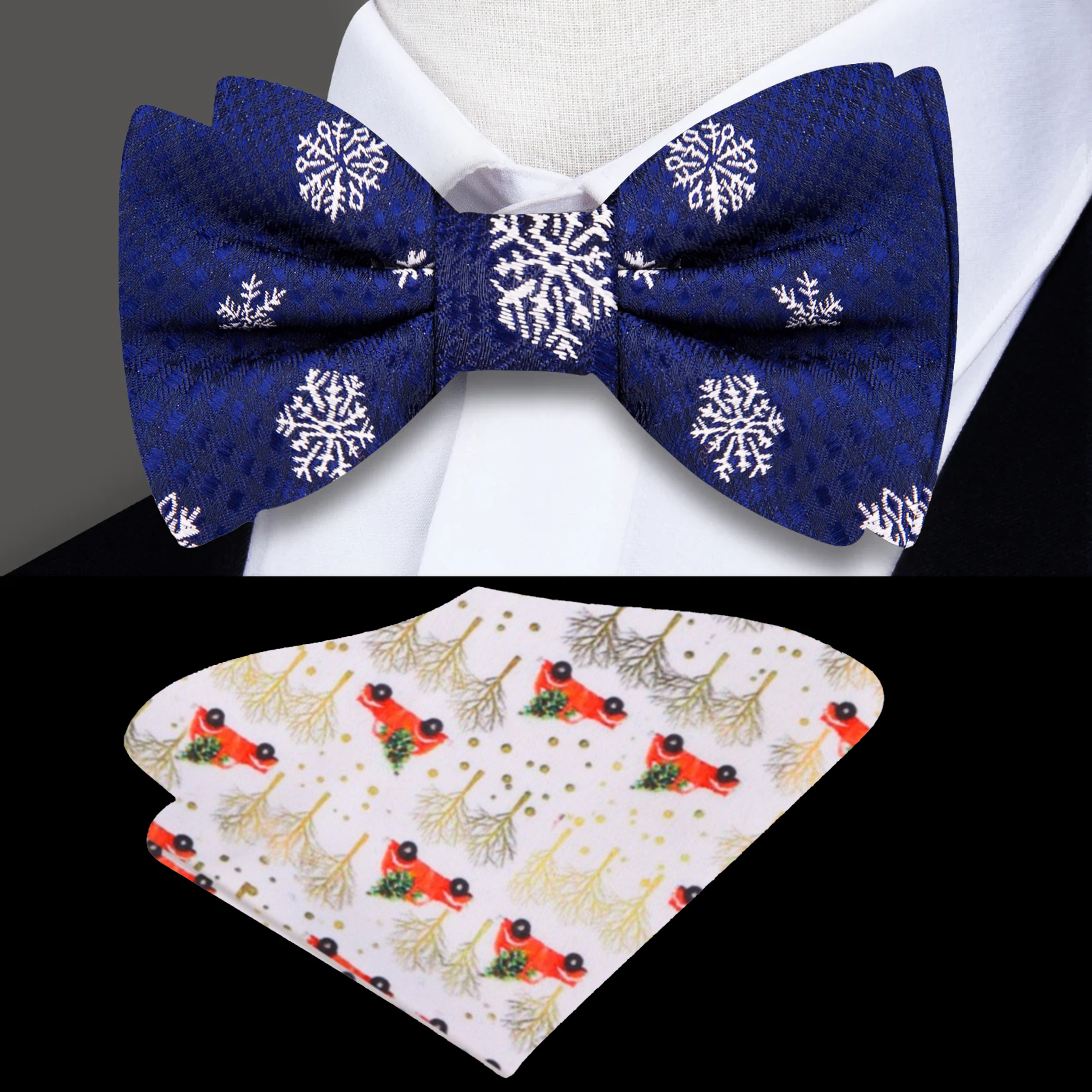 Model wearing the bow tie with a charcoal suit at a winter wedding, highlighting its festive elegance