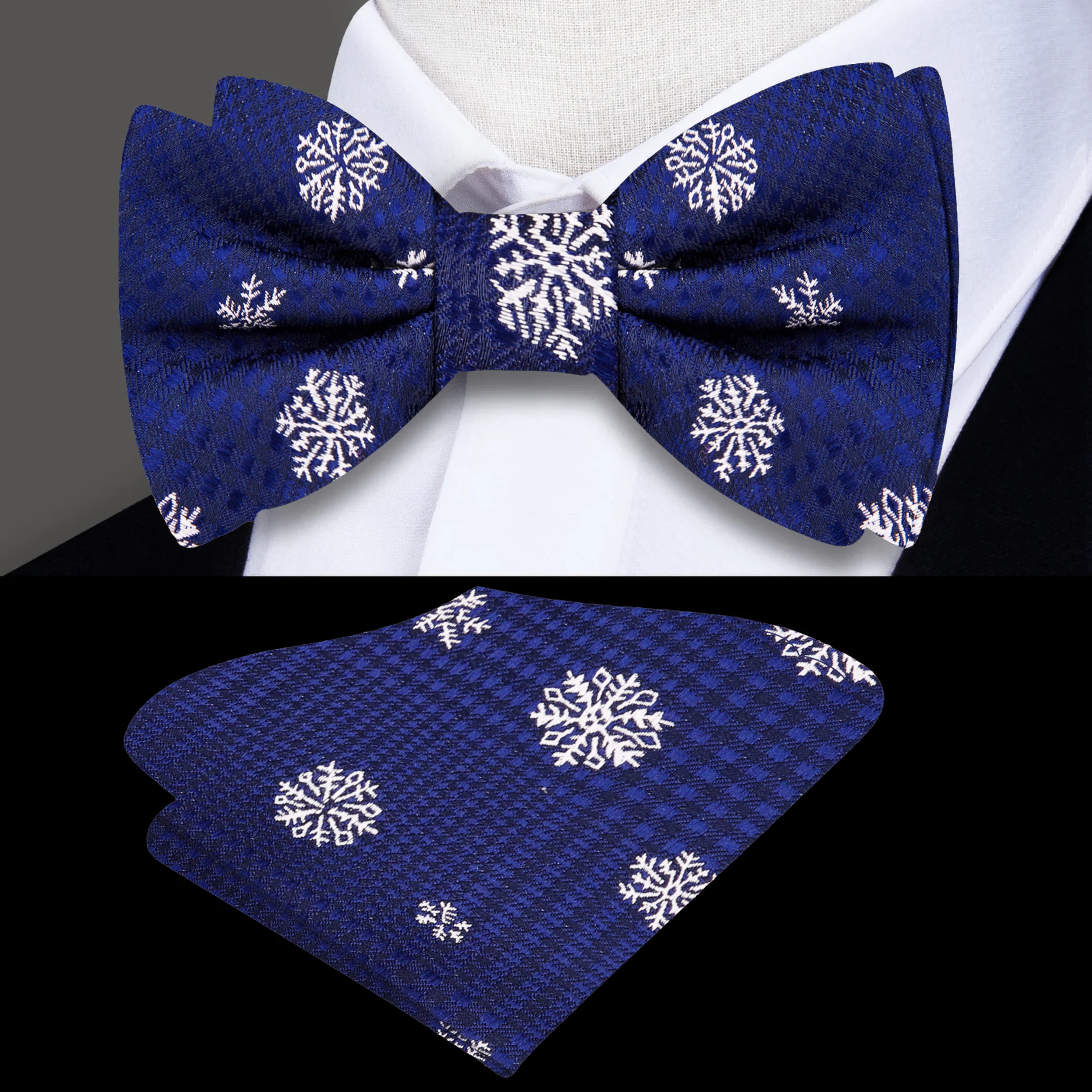 Flat lay of the bow tie and matching pocket square set, ideal for holiday accessories and gift ideas