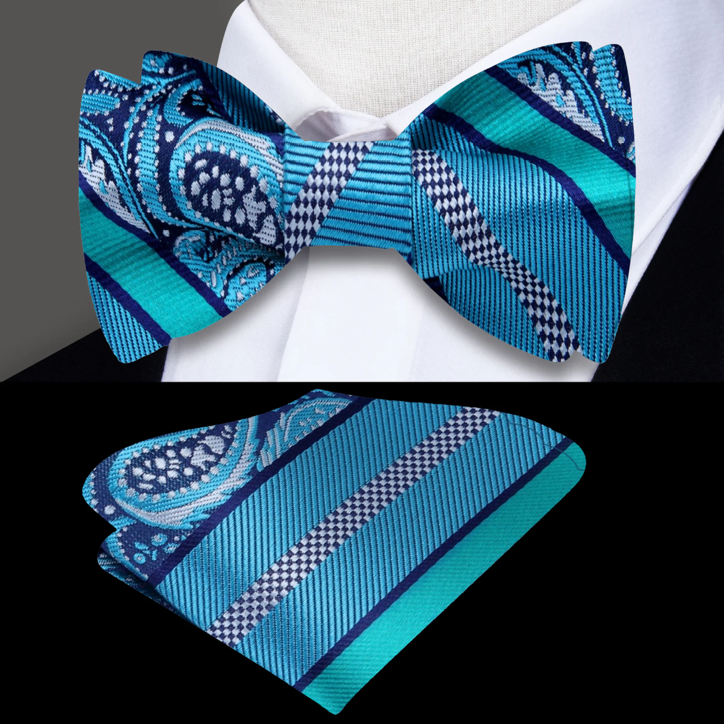 Elegant paisley silk bow tie in grey and silver, perfect for weddings