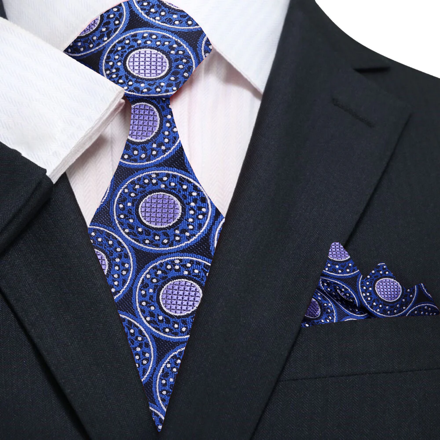 Flat lay of the silk tie with a matching pocket square, highlighting its whimsical donut pattern.