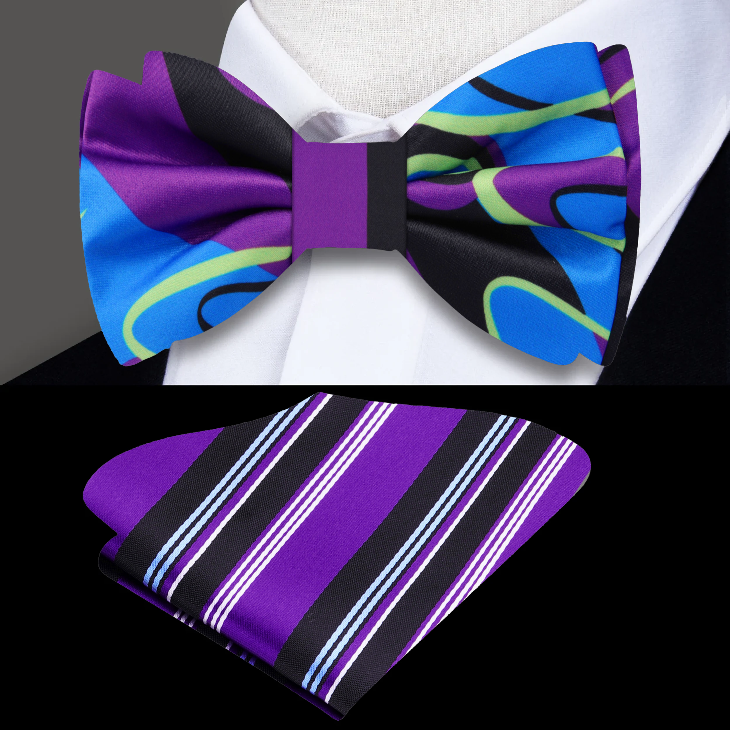 Close-up of abstract silk bow tie in black, blue, green, and purple with intricate pattern