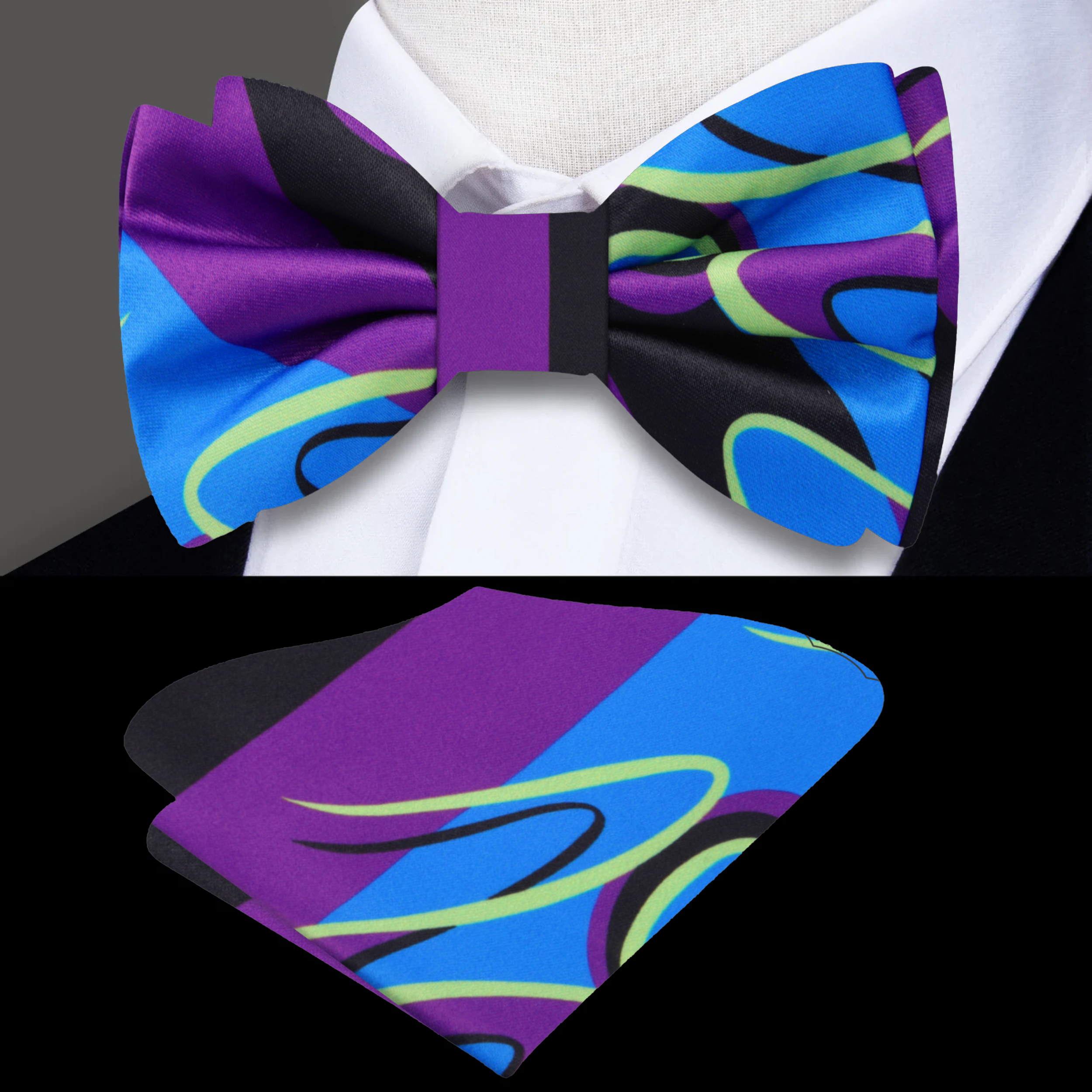 Man wearing silk bow tie with pocket square set at a formal event