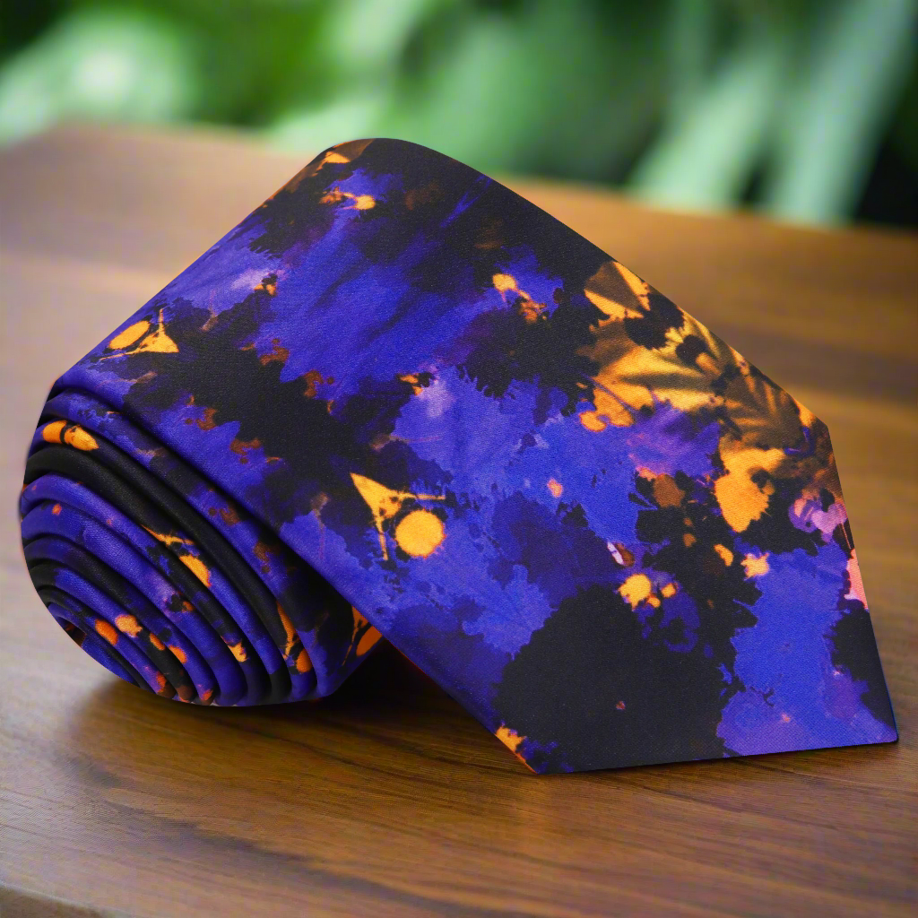Elegant view of Sunset Ink Blot abstract necktie with vibrant colors and artistic pattern