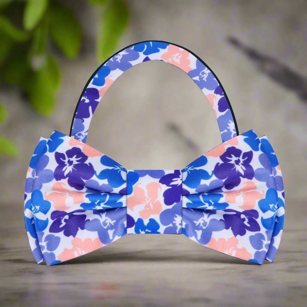 Mens floral bow tie with vibrant hibiscus flowers for outdoor events