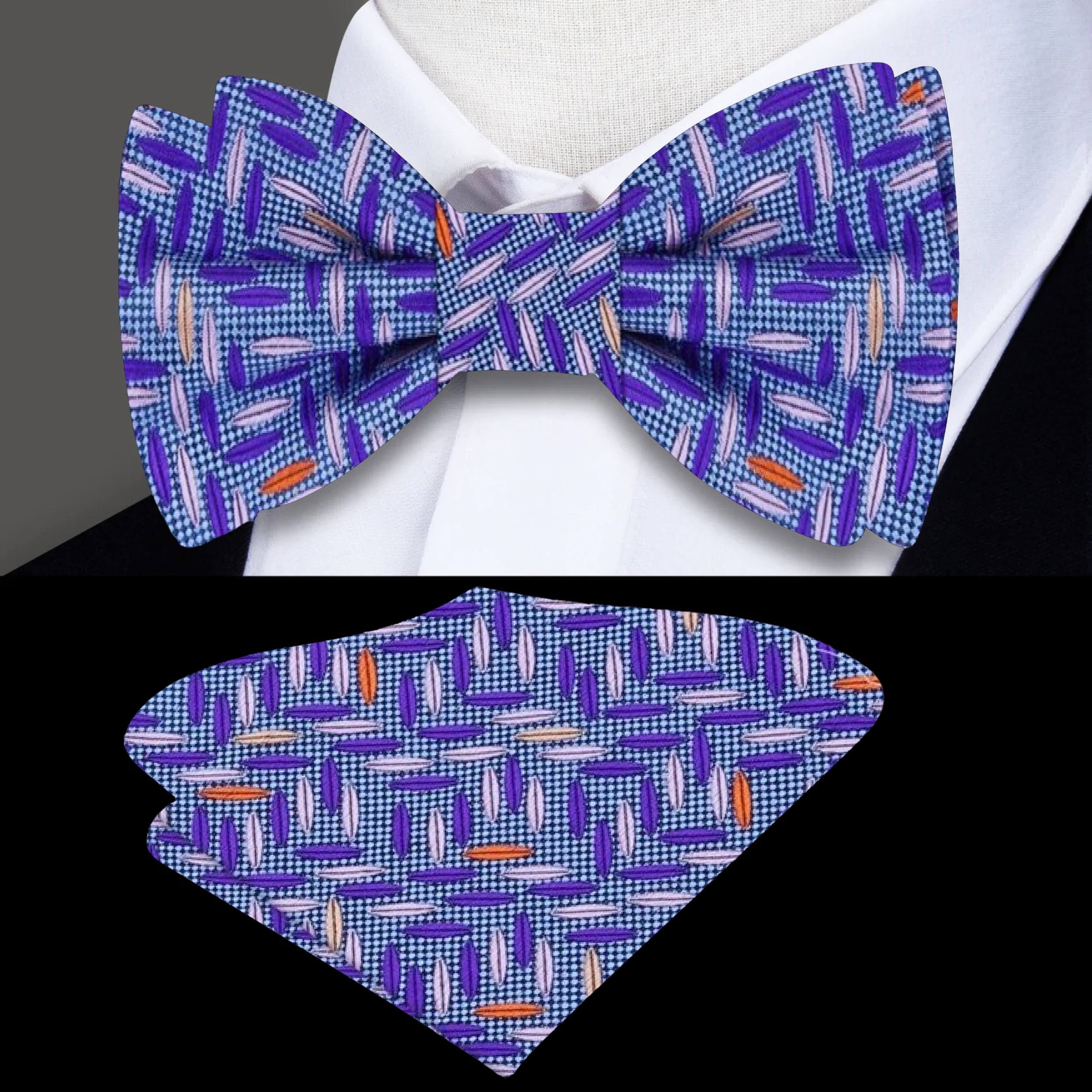 Front view of blue silk bow tie with rice pattern for wedding attire