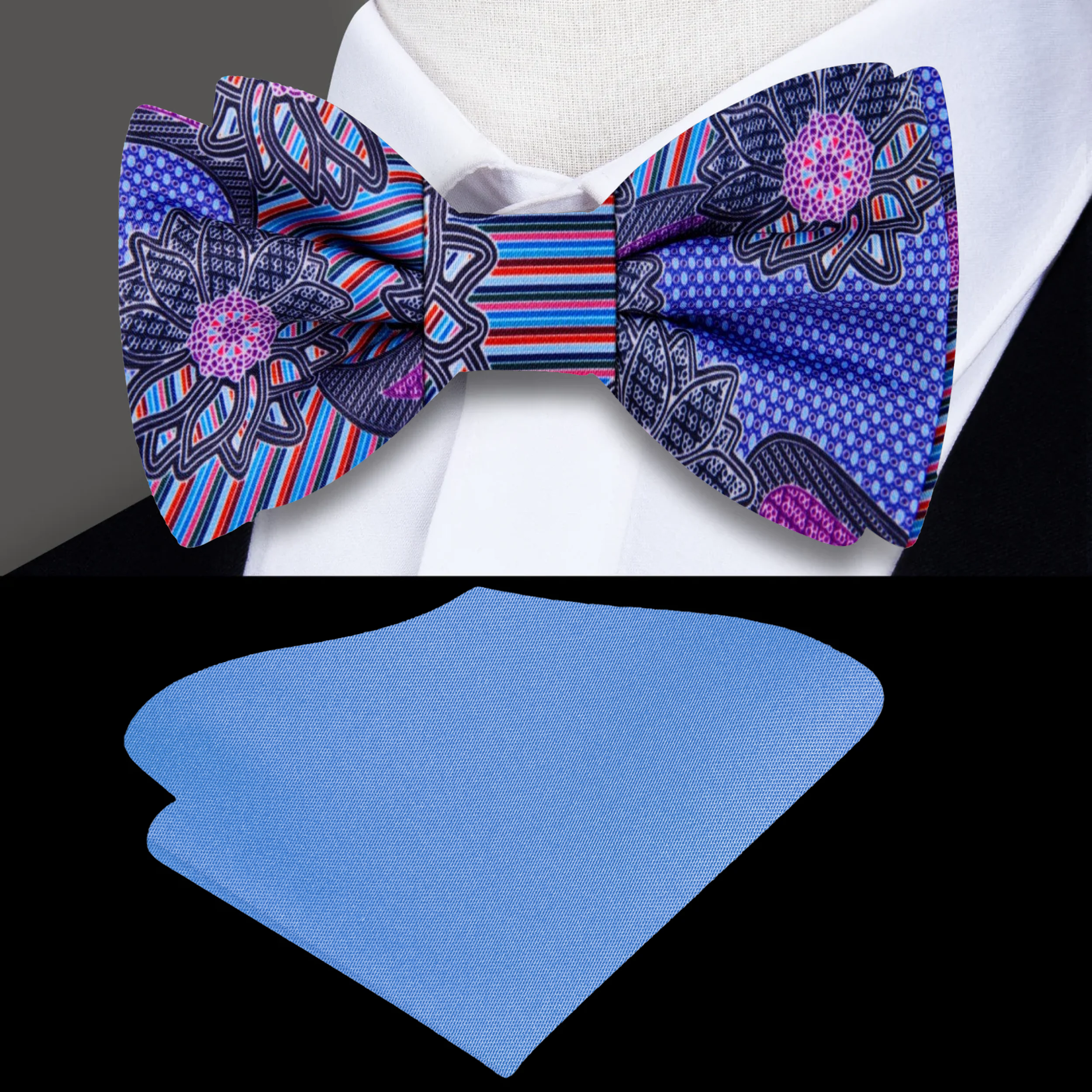 Close-up of vibrant paisley silk bow tie, showcasing its intricate design.