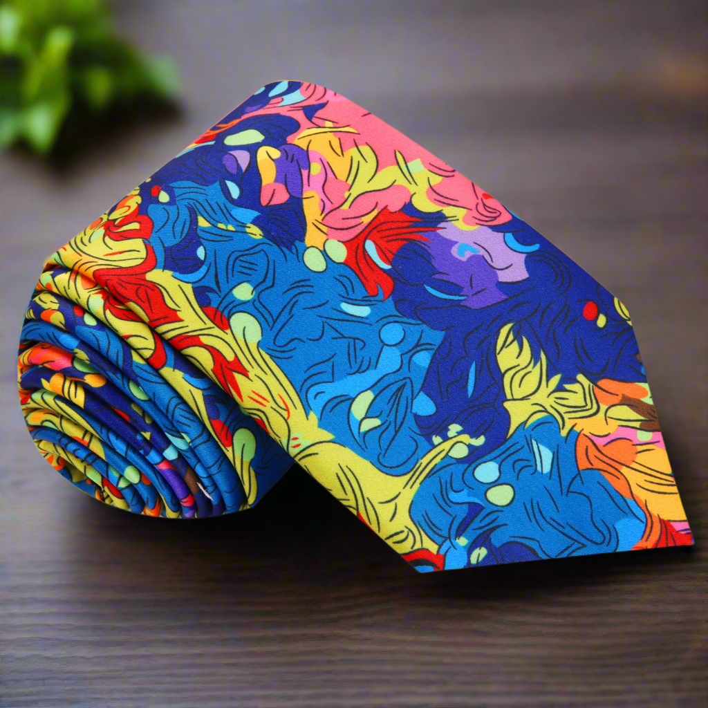 Close-up of the Vibrant Abstract Watercolor Necktie showcasing its colorful swirl design.