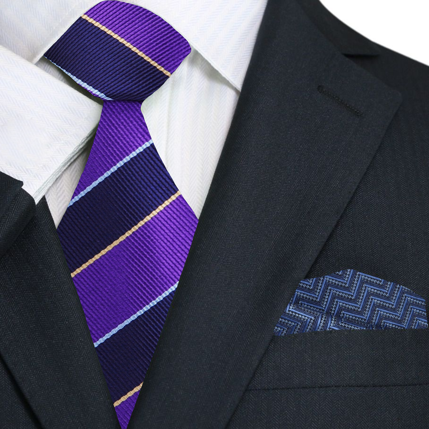 Model wearing a purple and dark blue silk tie paired with a white dress shirt, demonstrating its versatility.