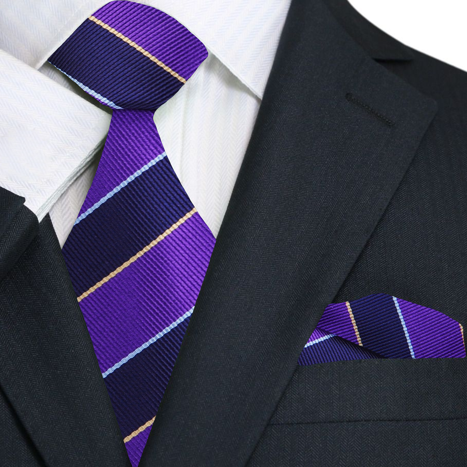 Model wearing a purple and dark blue silk tie paired with a white dress shirt, demonstrating its versatility.