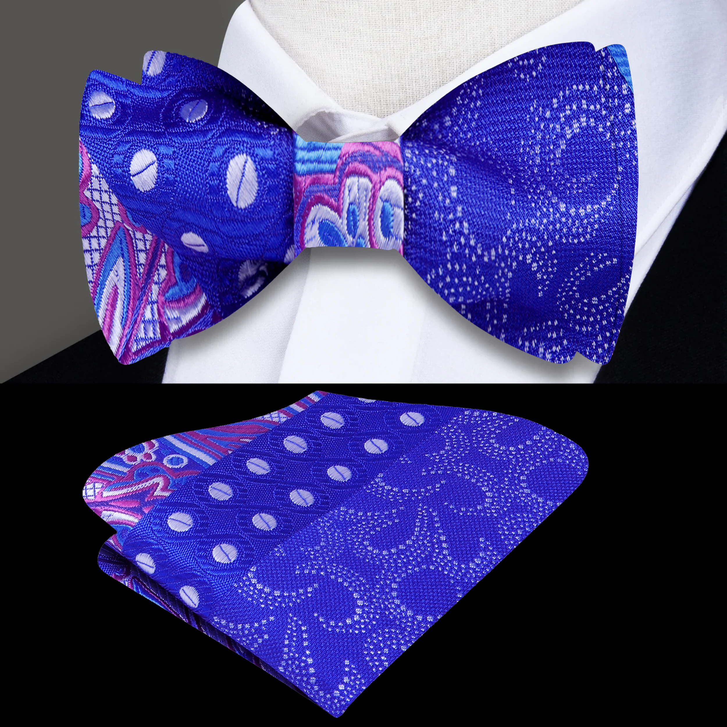 Close-up of the unique abstract patterns on the mens silk bow tie, highlighting its vibrant colors.