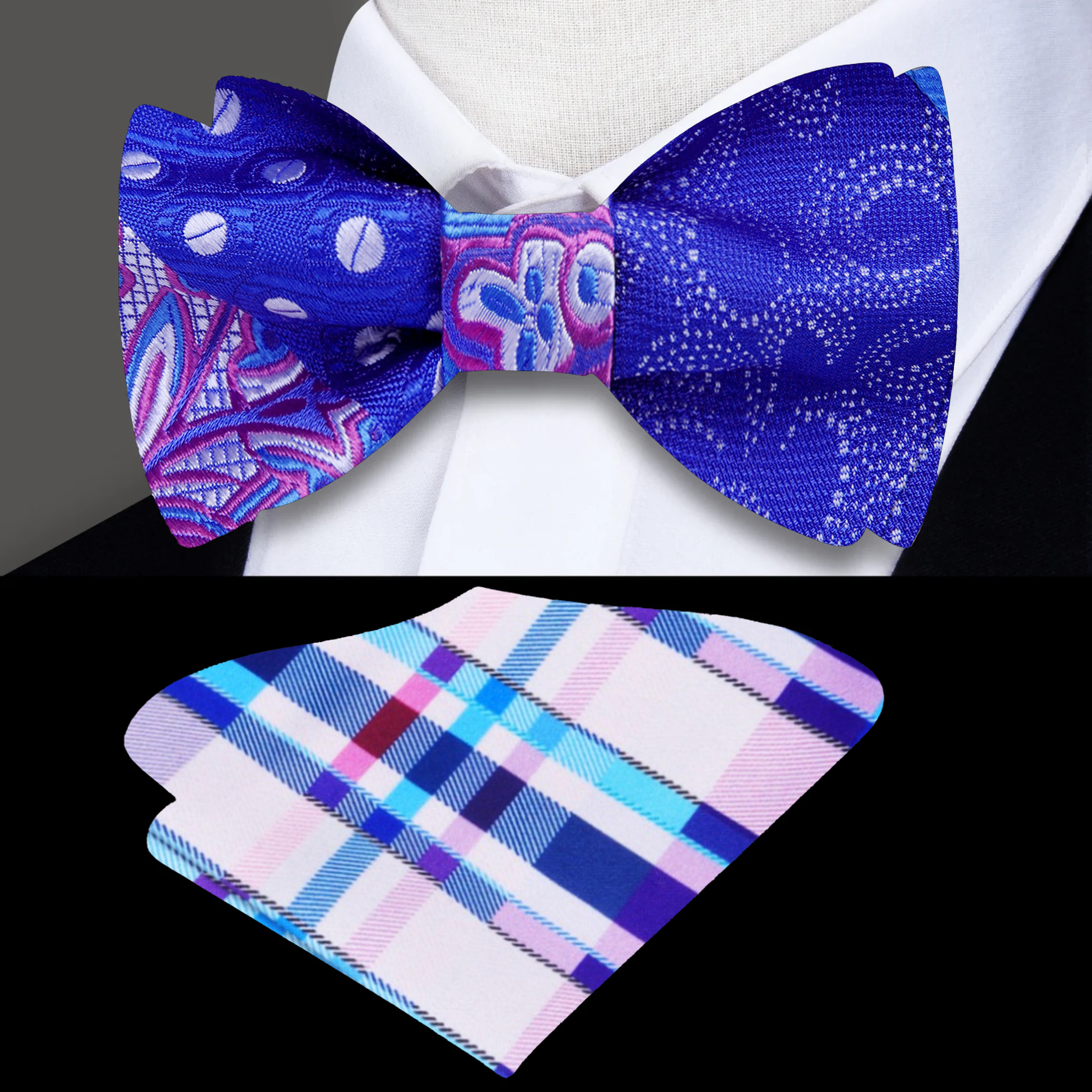 Elegant blue, purple, and white silk bow tie laid out for display, showcasing intricate paisley and polka dot designs.