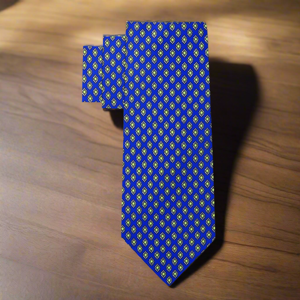 Side angle of the tie paired with a navy suit—perfect for office or formal wear.