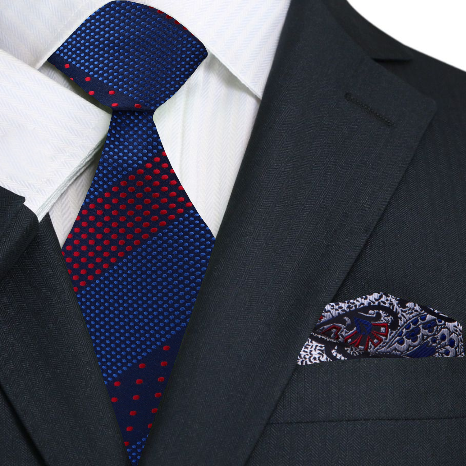 Man wearing a blue polka dot tie with a white dress shirt at a wedding