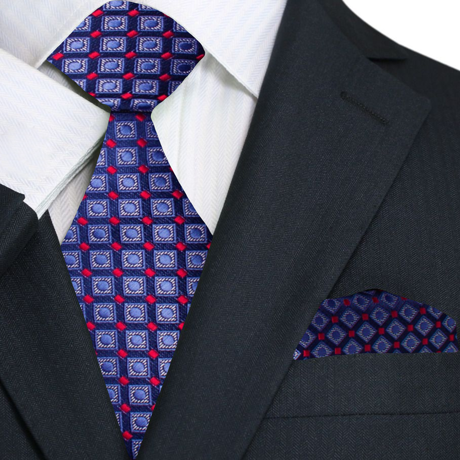 Close-up of checked silk necktie with intricate geometric pattern in deep blue and brown
