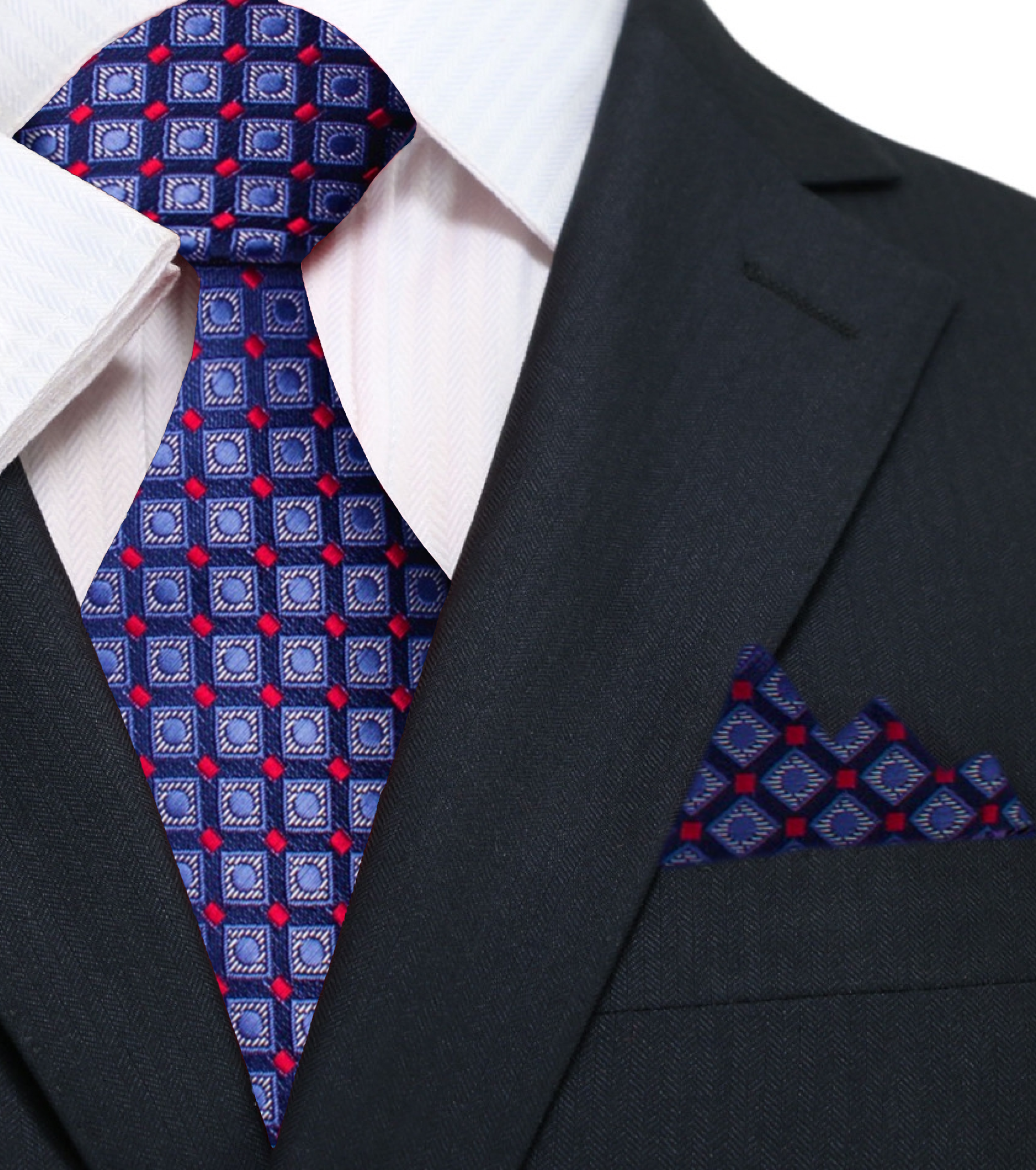 Close-up of a mens silk necktie with geometric pattern and vibrant colors