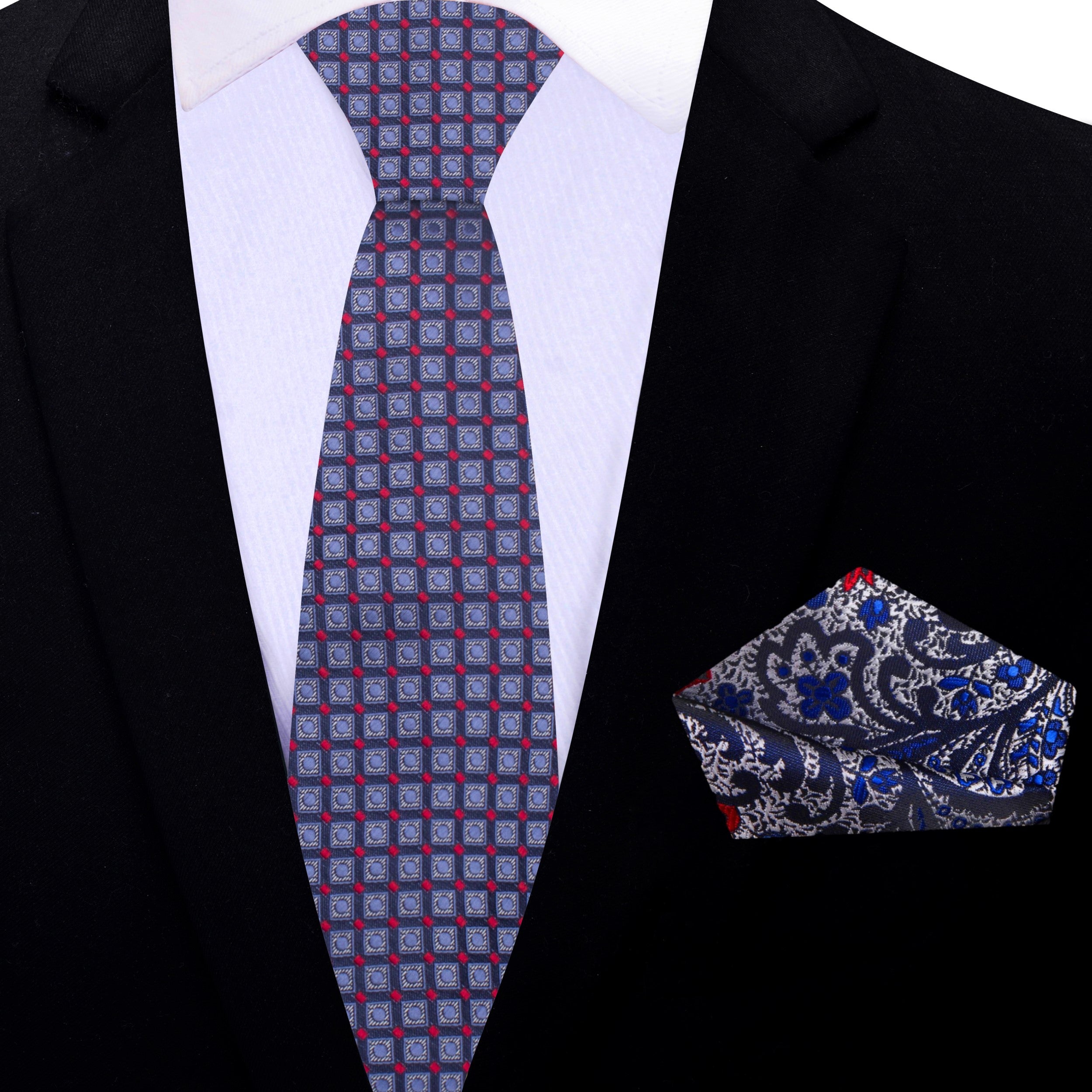 Close-up of a mens silk necktie with geometric pattern and vibrant colors