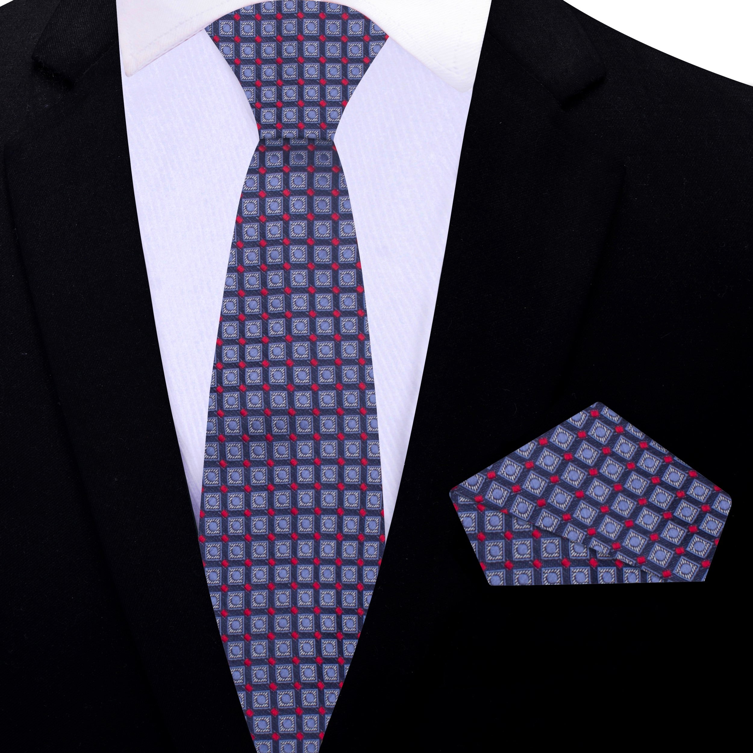 Model wearing a stylish geometric tie for a wedding ceremony