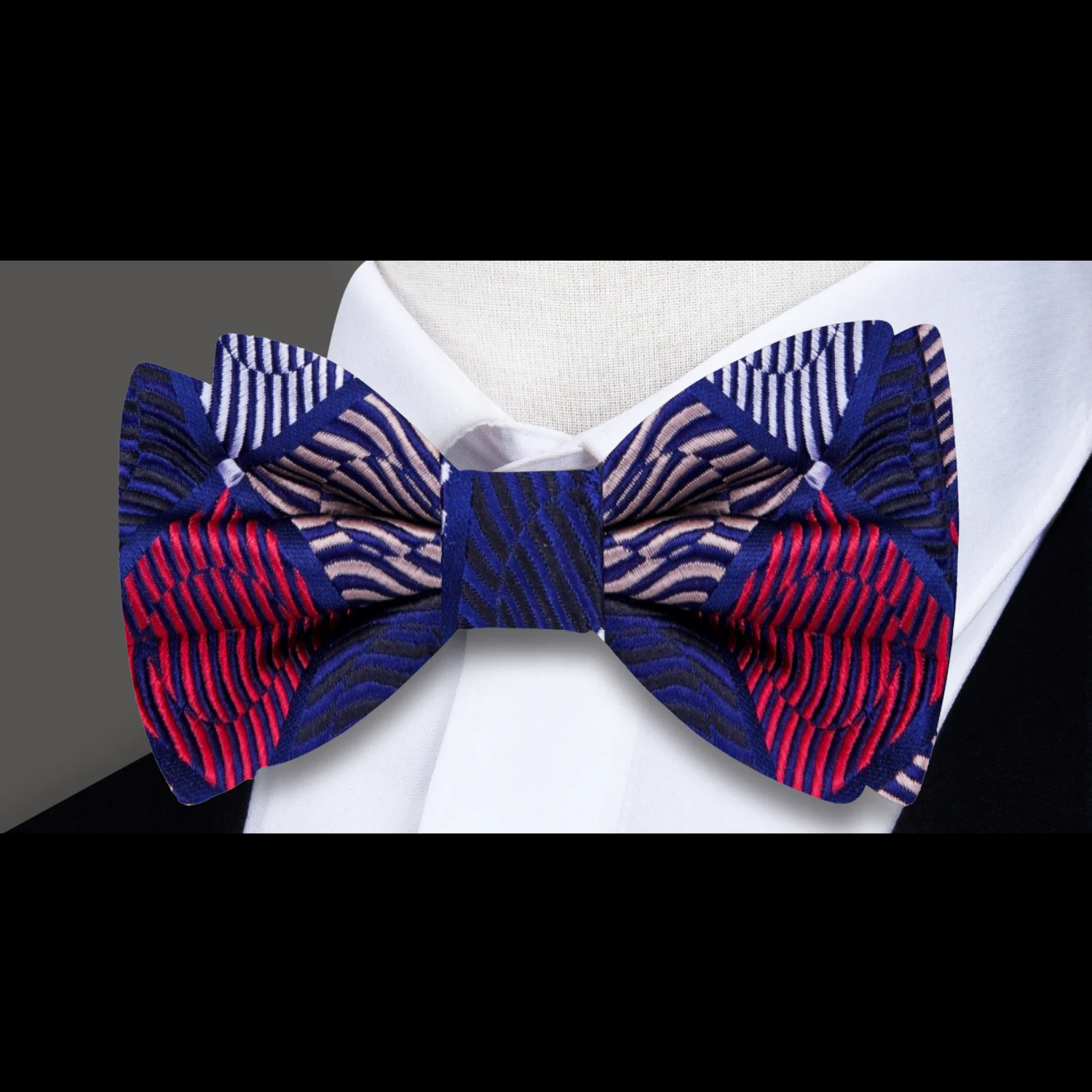 Pre-tied silk bow tie with a captivating geometric design, ideal for weddings and special occasions.