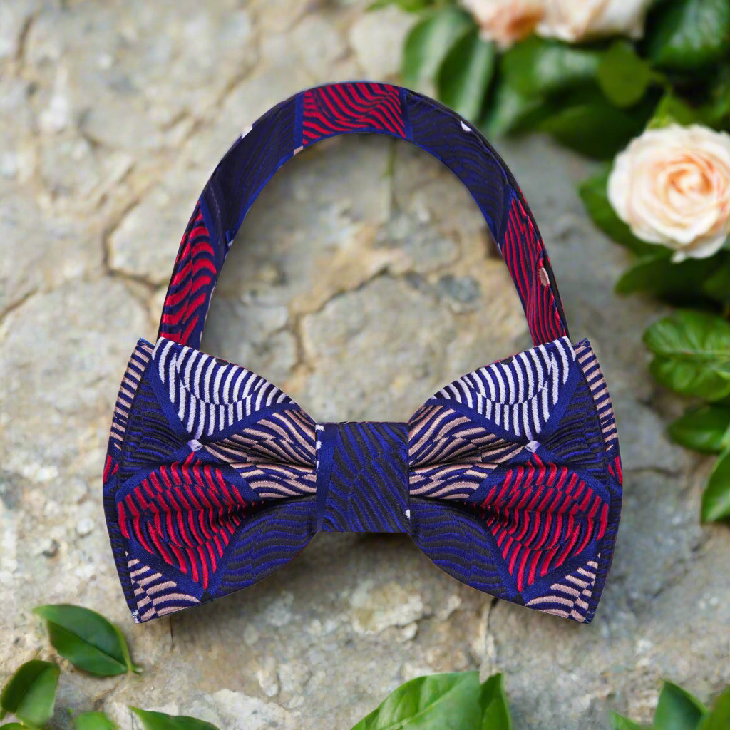Pre-tied silk bow tie with a captivating geometric design, ideal for weddings and special occasions.