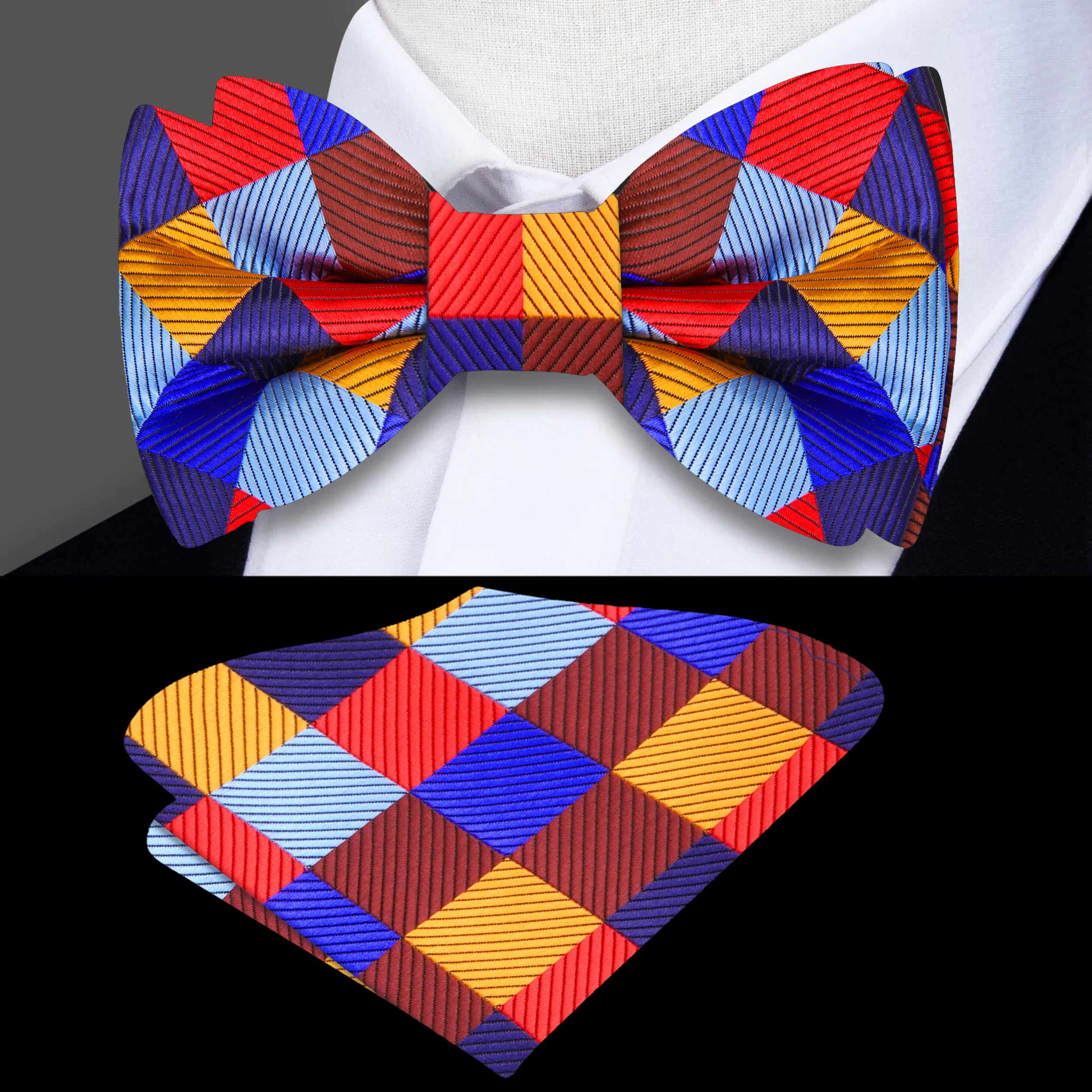 Man wearing a multicolored plaid bow tie at a formal event