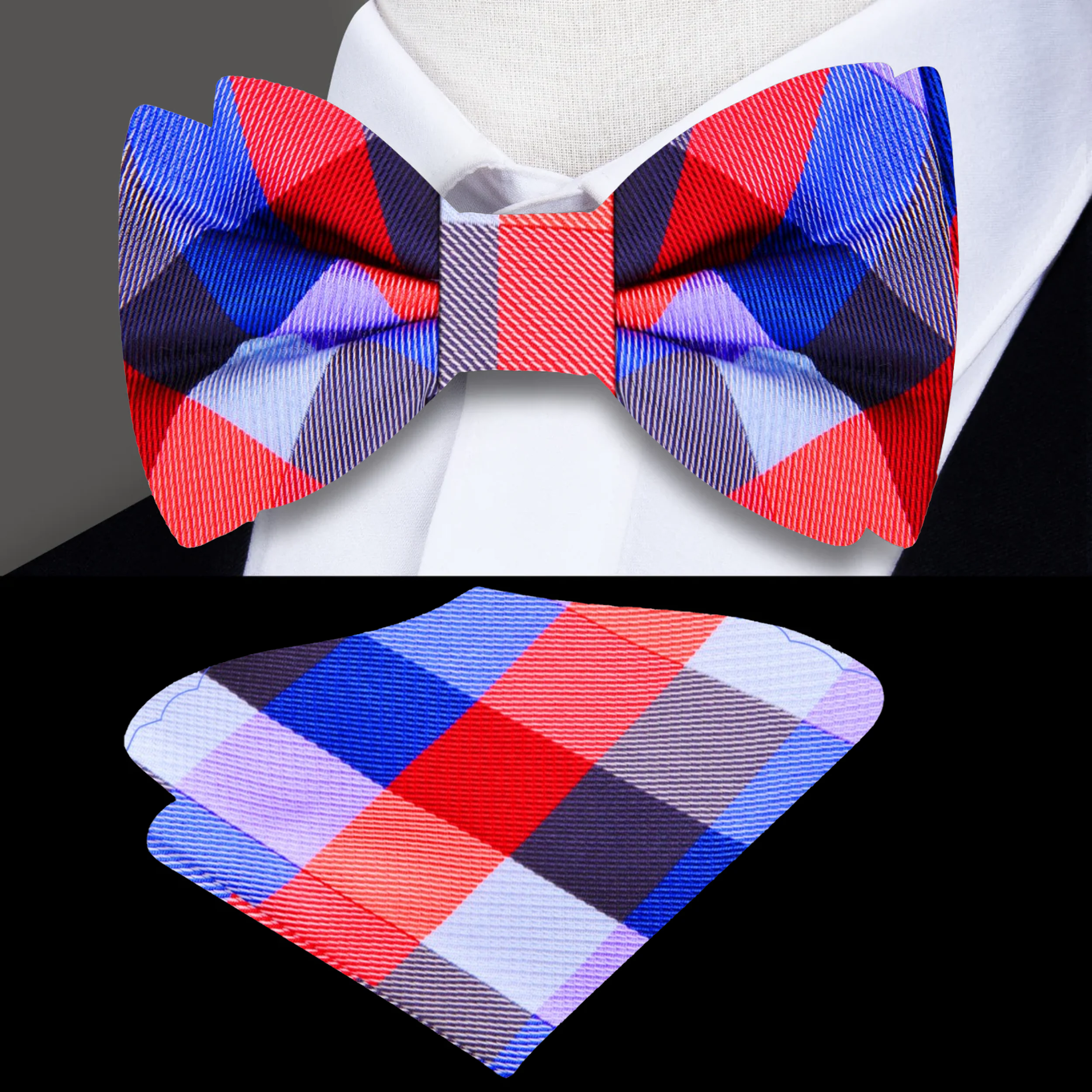 Man adjusting stylish check pattern bow tie for wedding attire