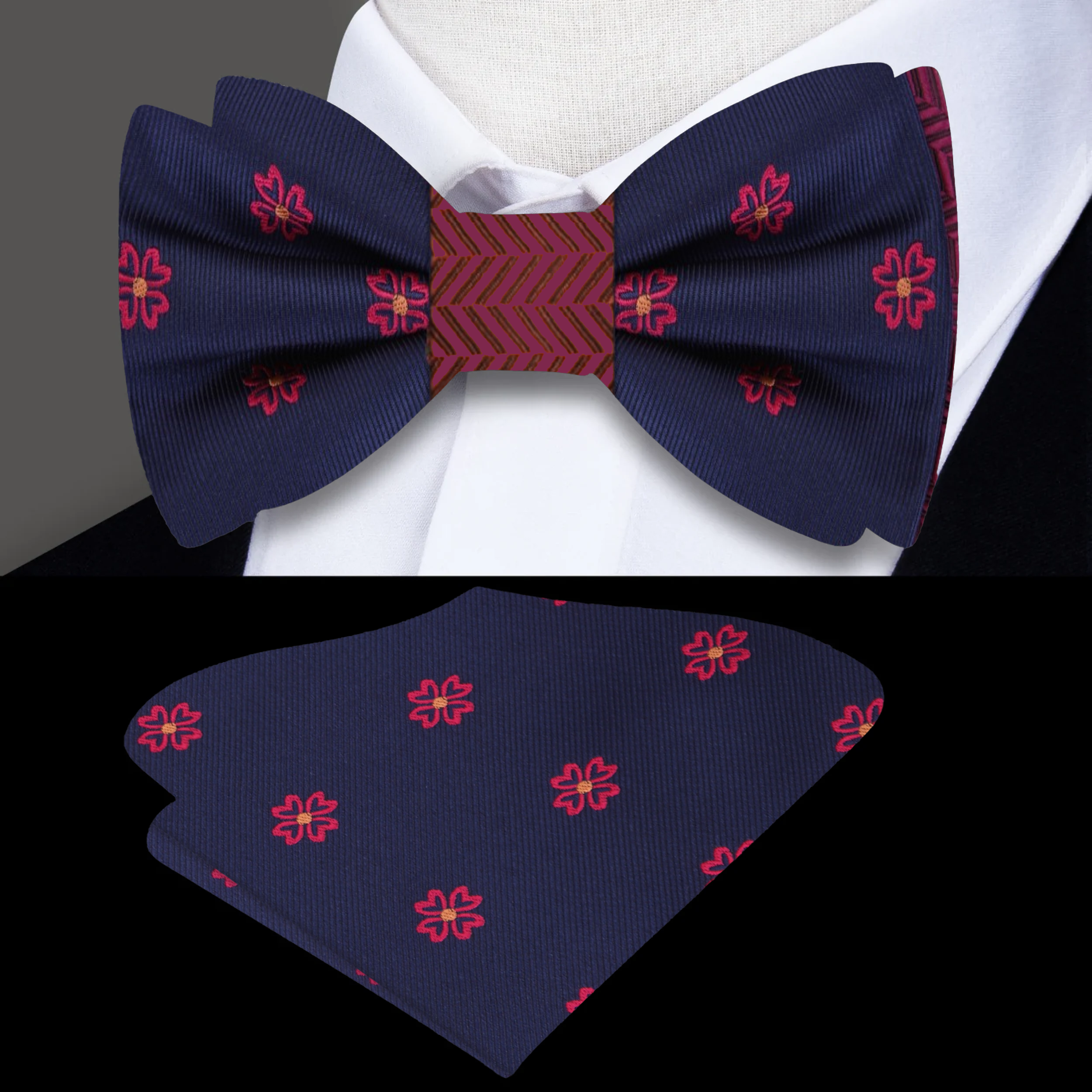 Detail of the crosshatch design on the reverse side of the bow tie.
