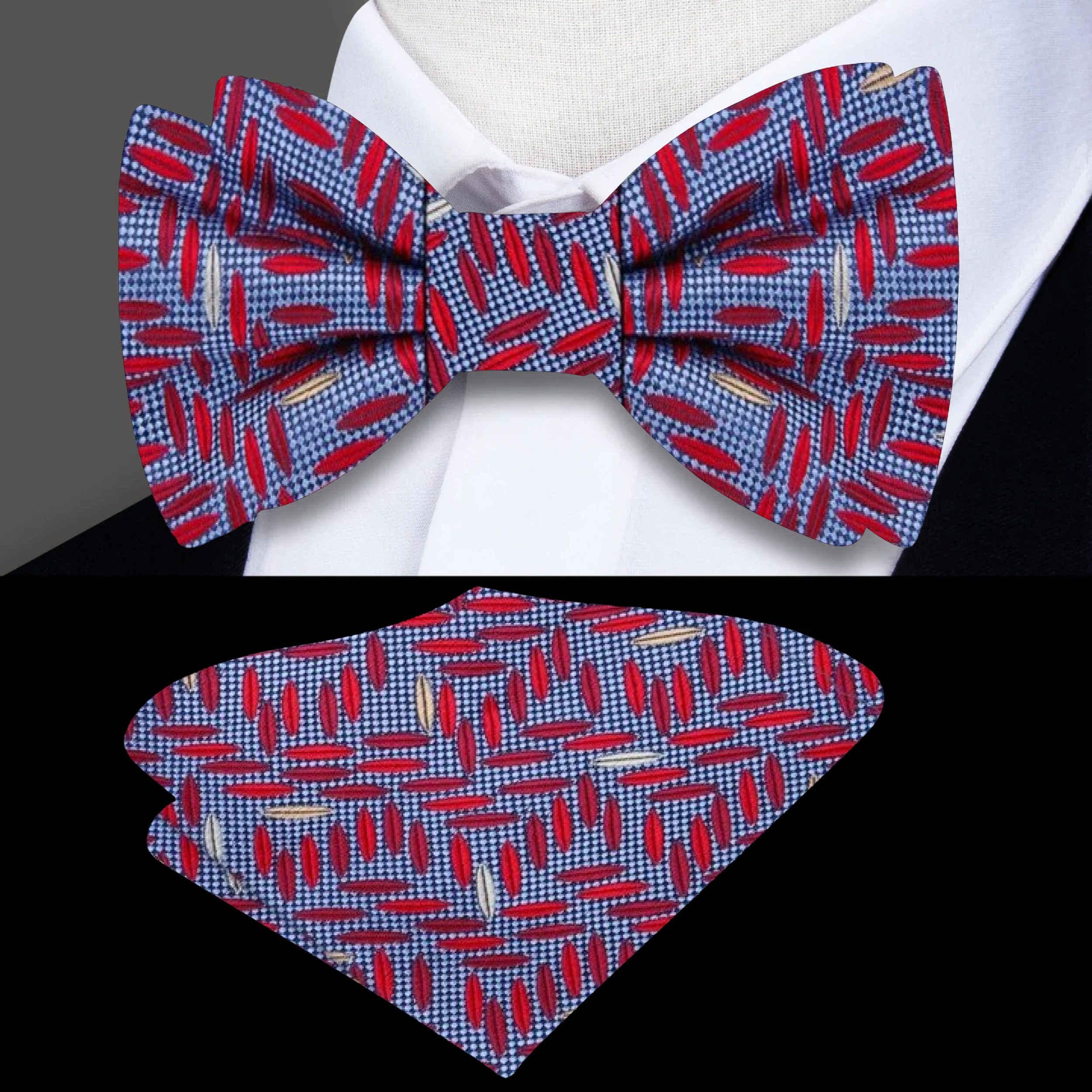 Front view of blue silk bow tie with rice pattern for wedding attire