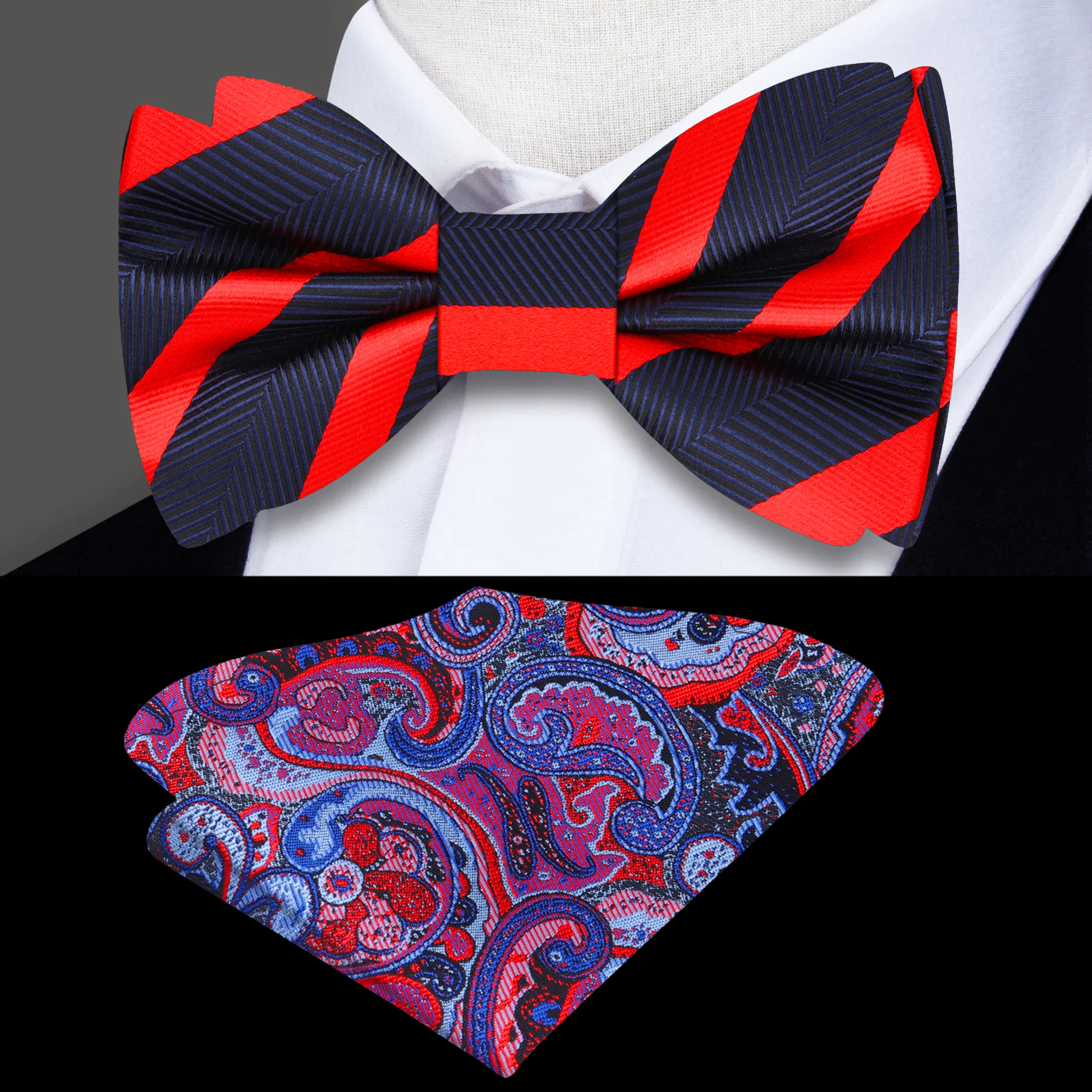 Elegant dark blue stripe self-tie bow tie displayed on a white dress shirt.