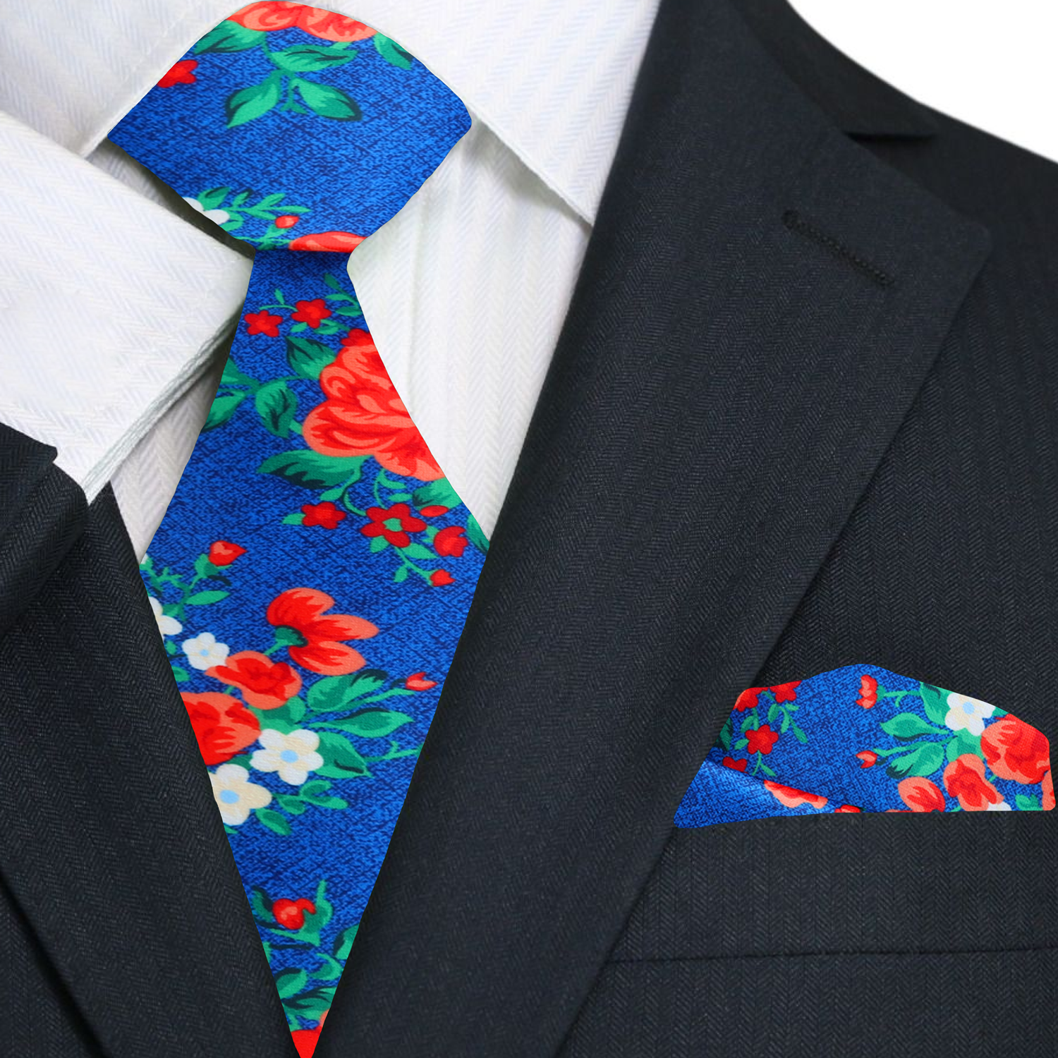 Elegant Floral Silk Necktie styled with a charcoal grey suit, demonstrating its versatility for formal events.
