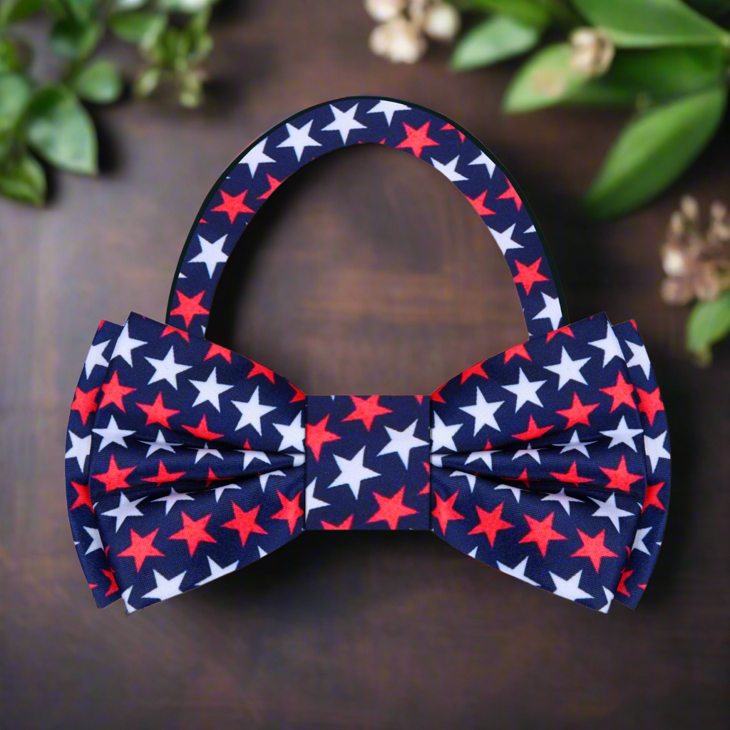 Elegant bow tie paired with a navy suit for formal patriotic events