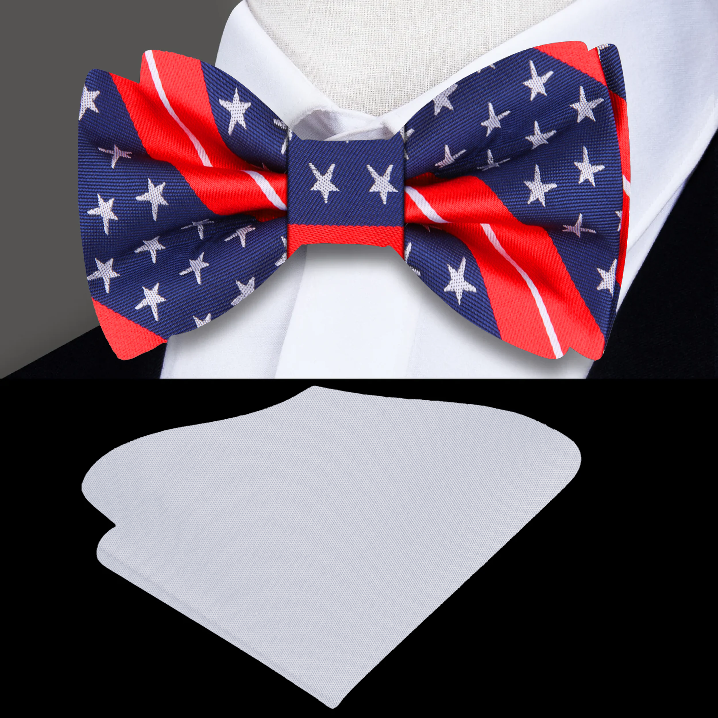 Stars and Stripes bow tie in deep blue with red stripes and grey stars, displayed on a clean white background.