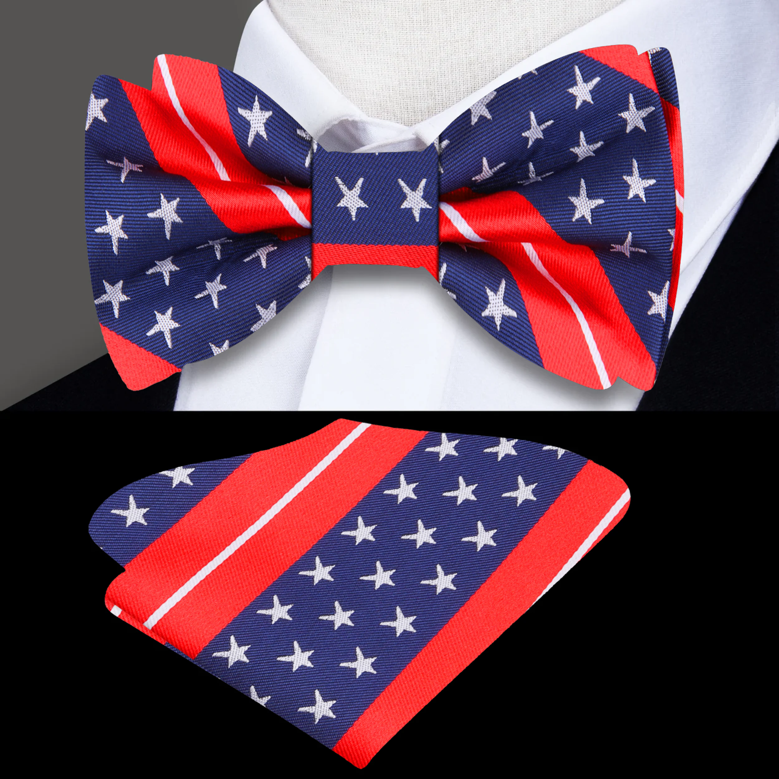 Close-up of the American flag bow tie showing the intricate star and stripe pattern, perfect for patriotic occasions.