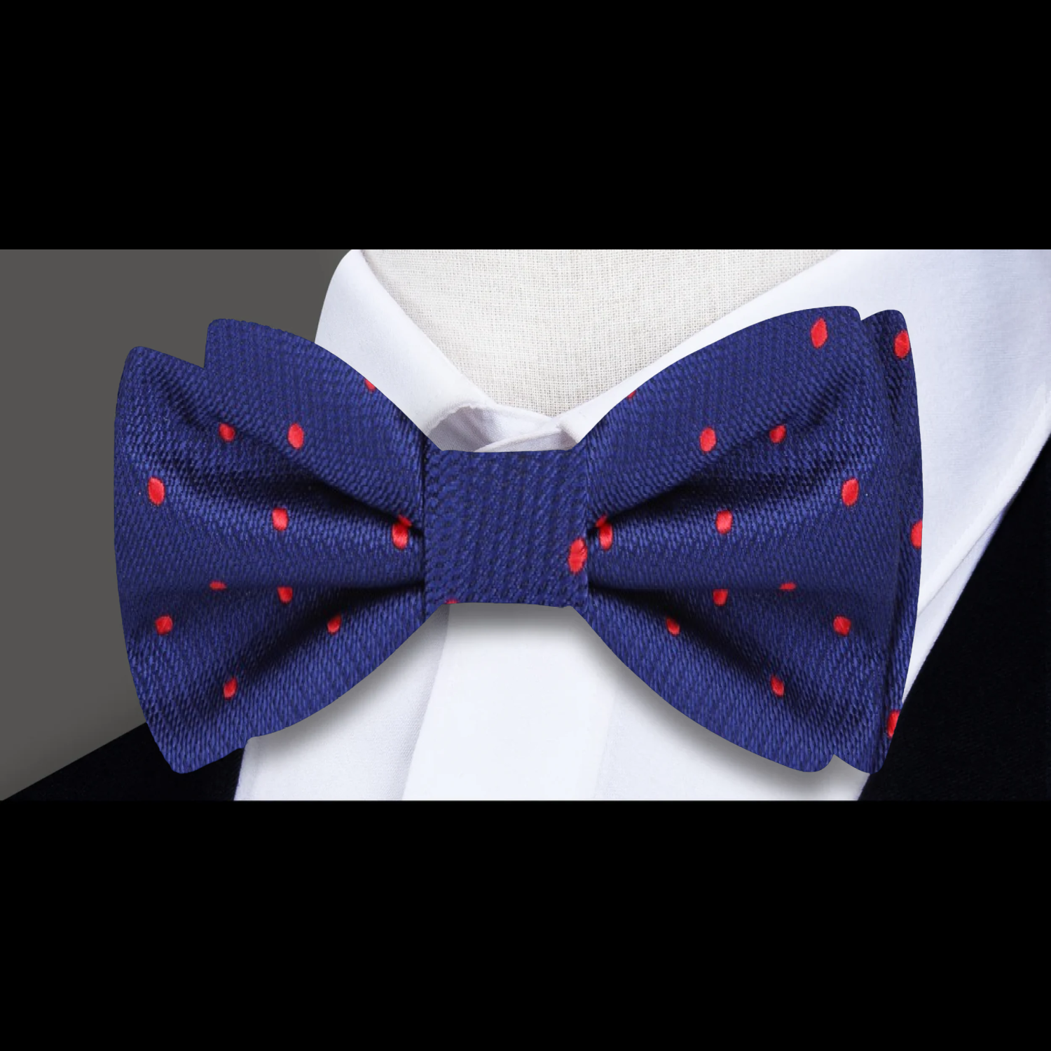 Front view of the blue and red polka dot silk bow tie showing its elegant pattern