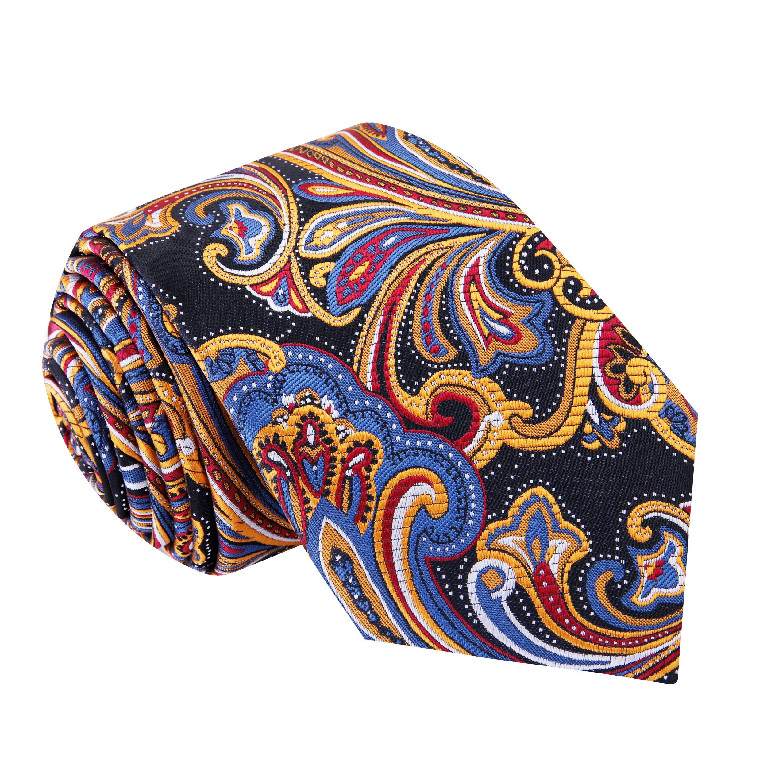 Stylish boy wearing a red Richmond paisley necktie and pocket square set, demonstrating childrens formal wear.