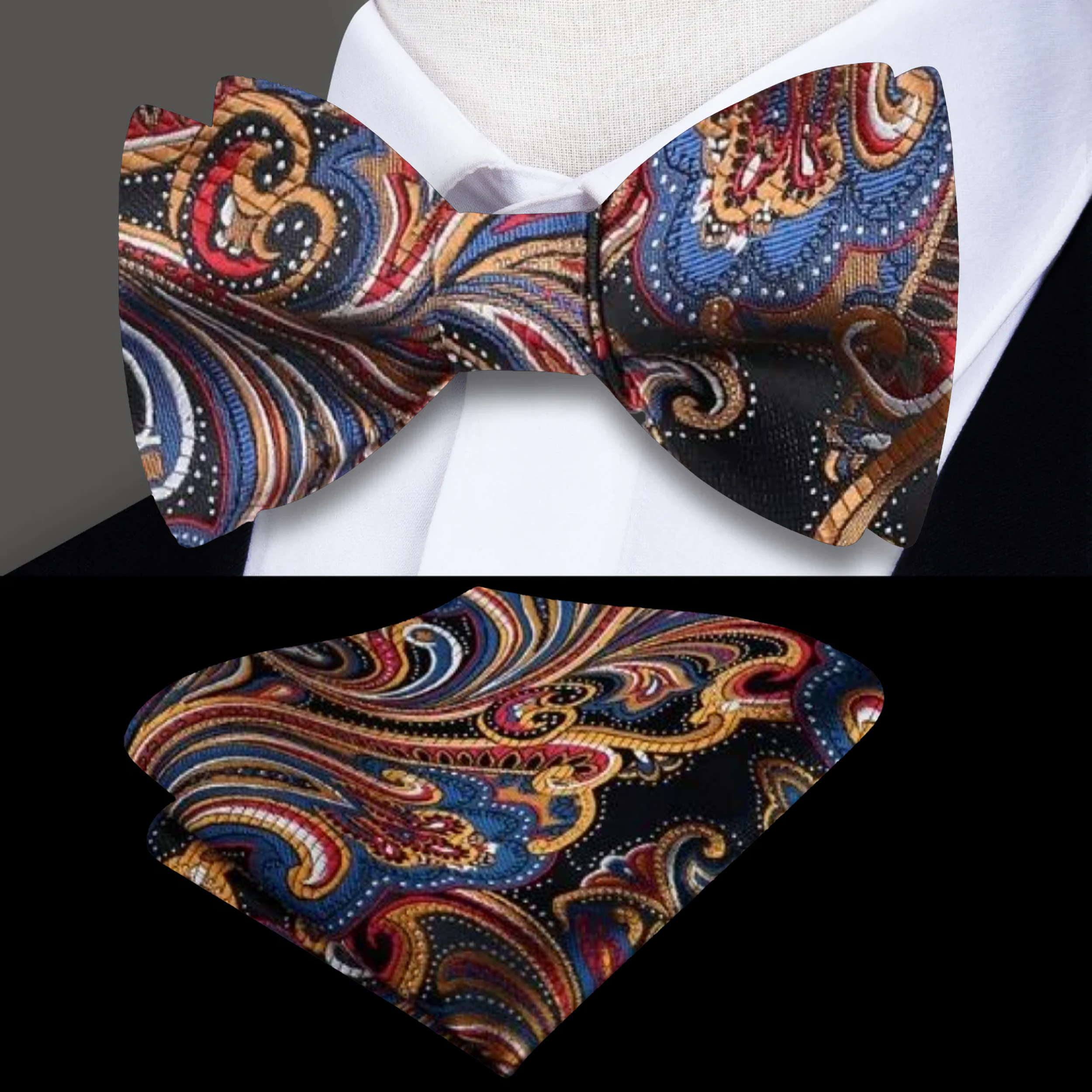 Close-up of kids paisley bow tie with adjustable strap for ages 0-11