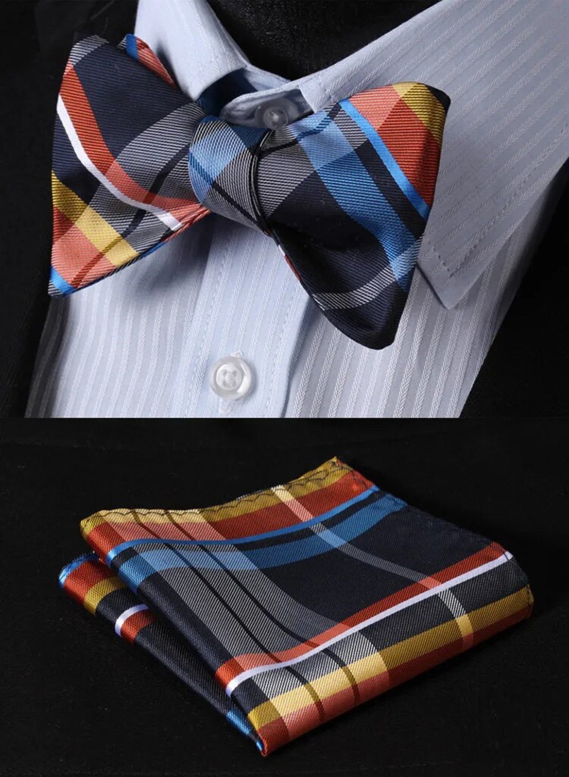 Close-up of multicolored plaid self-tie bow tie with intricate geometric pattern Close-up of multicolored plaid self-tie bow tie with intricate geometric pattern