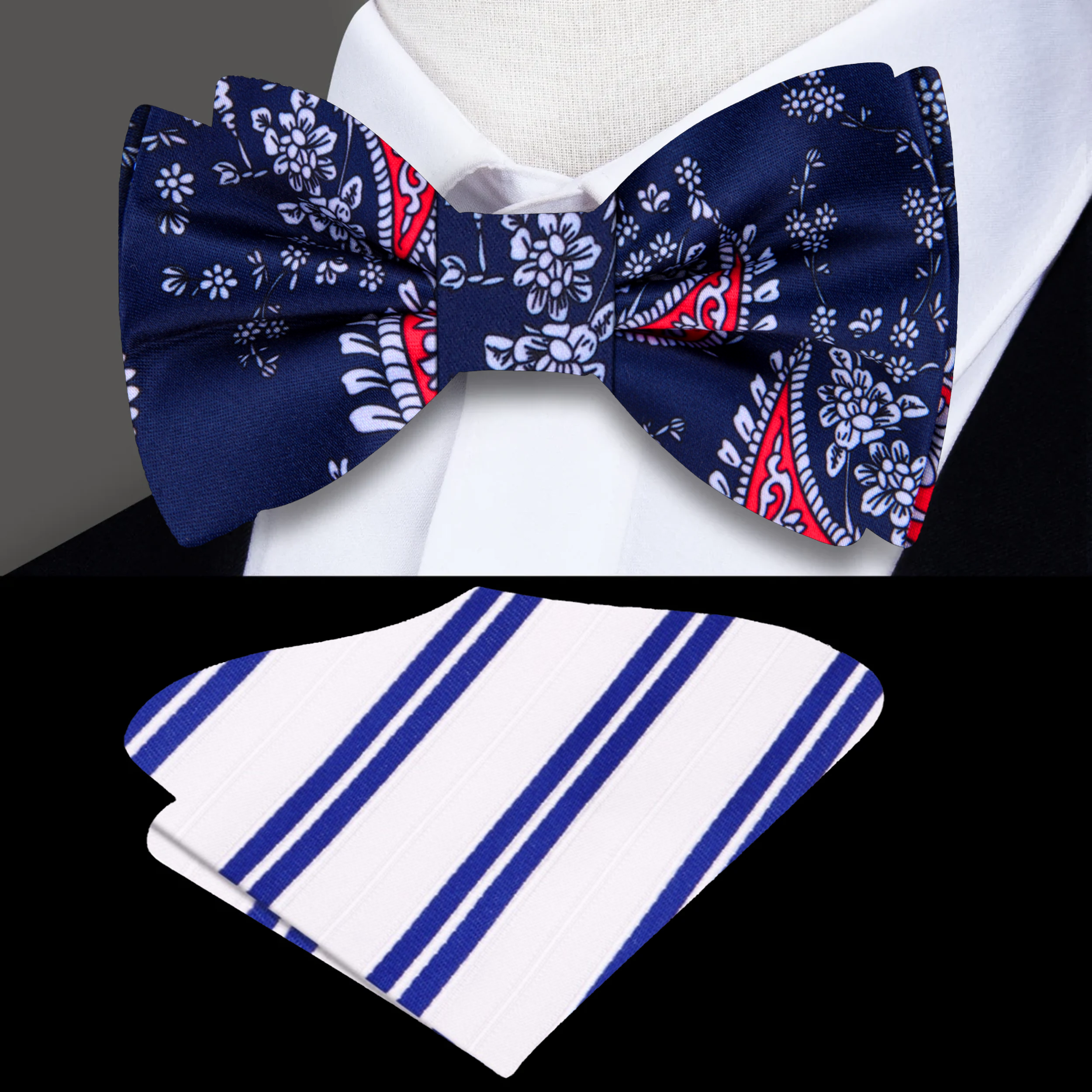Front view of handmade patriotic paisley silk bow tie in deep blue and red