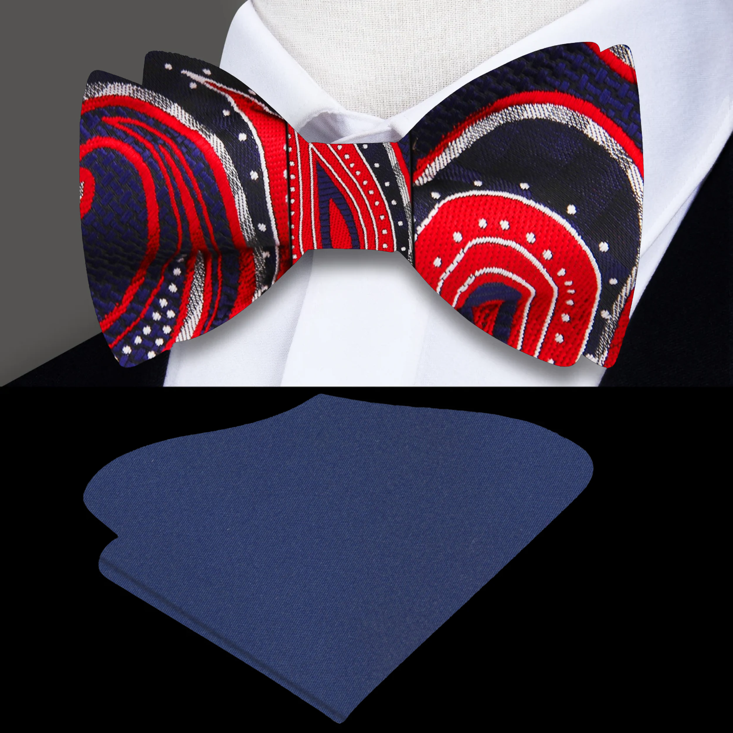 Elegant dark blue paisley self-tie bow tie displayed against a white background, showcasing its intricate design.