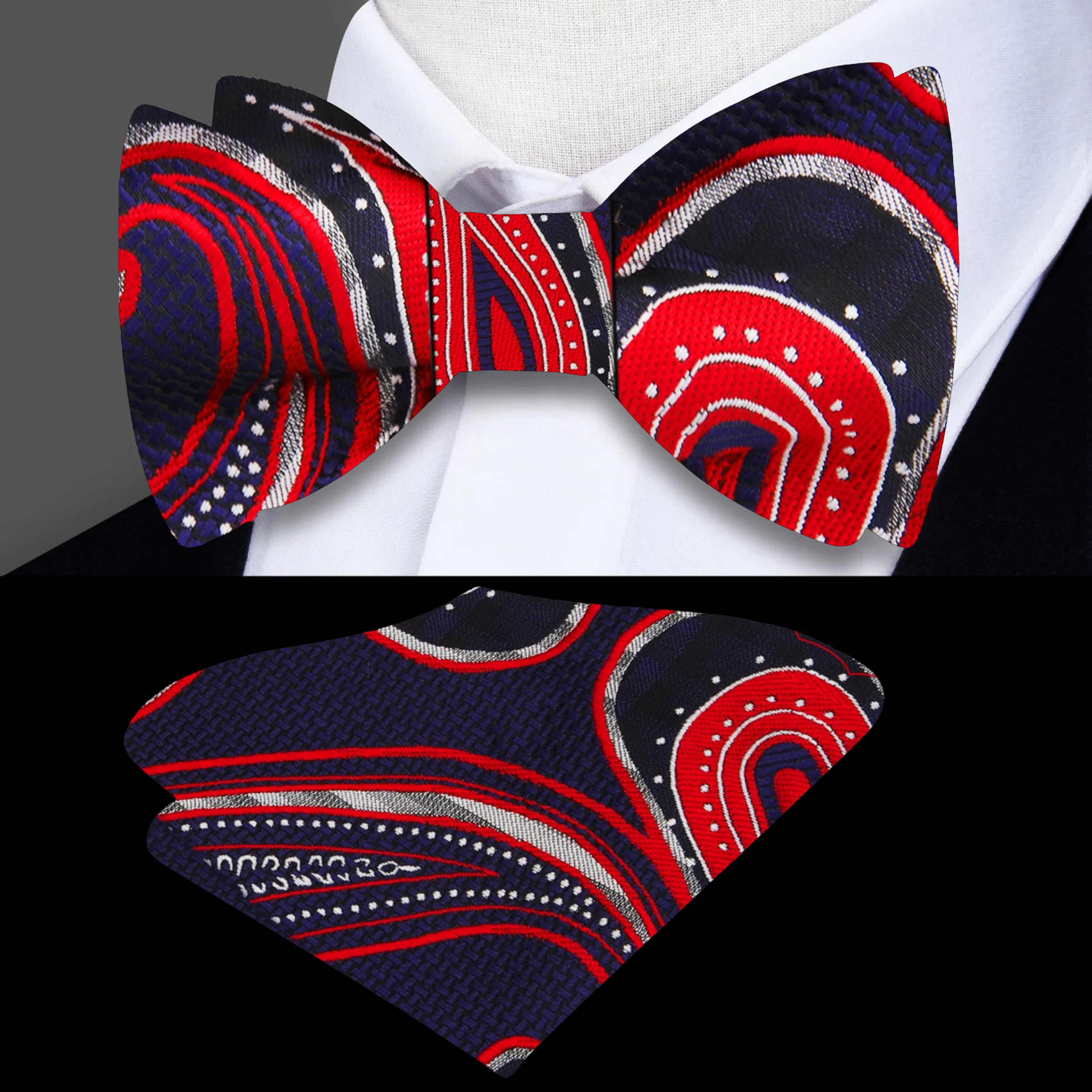 Close-up view of the dark blue paisley self-tie bow tie, highlighting the rich colors and silk texture.