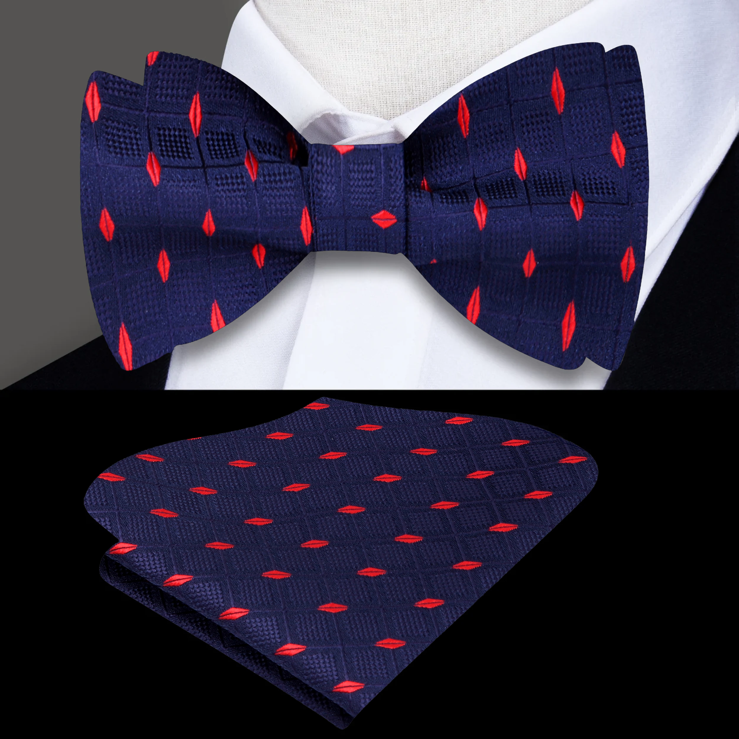 Close-up of yellow geometric self-tie bow tie in silk with diamond pattern