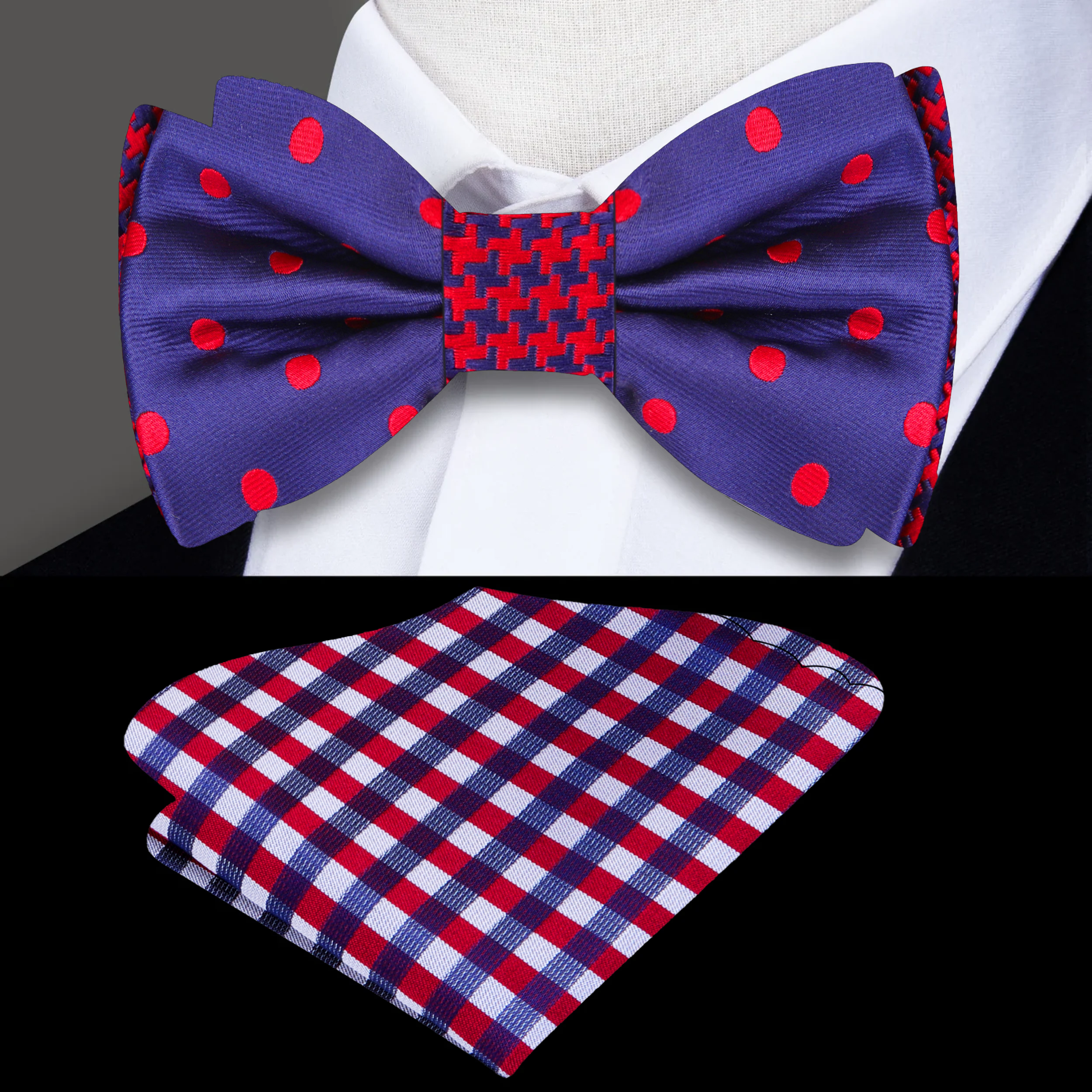 Close-up of Volt dual-pattern pre-tied bow tie showing polka dot and houndstooth patterns