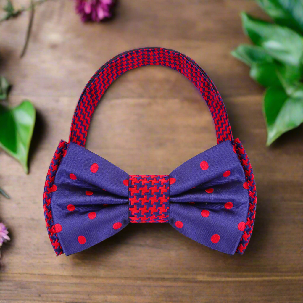 Detail shot of the bow ties vibrant blue and red colors and silk fabric