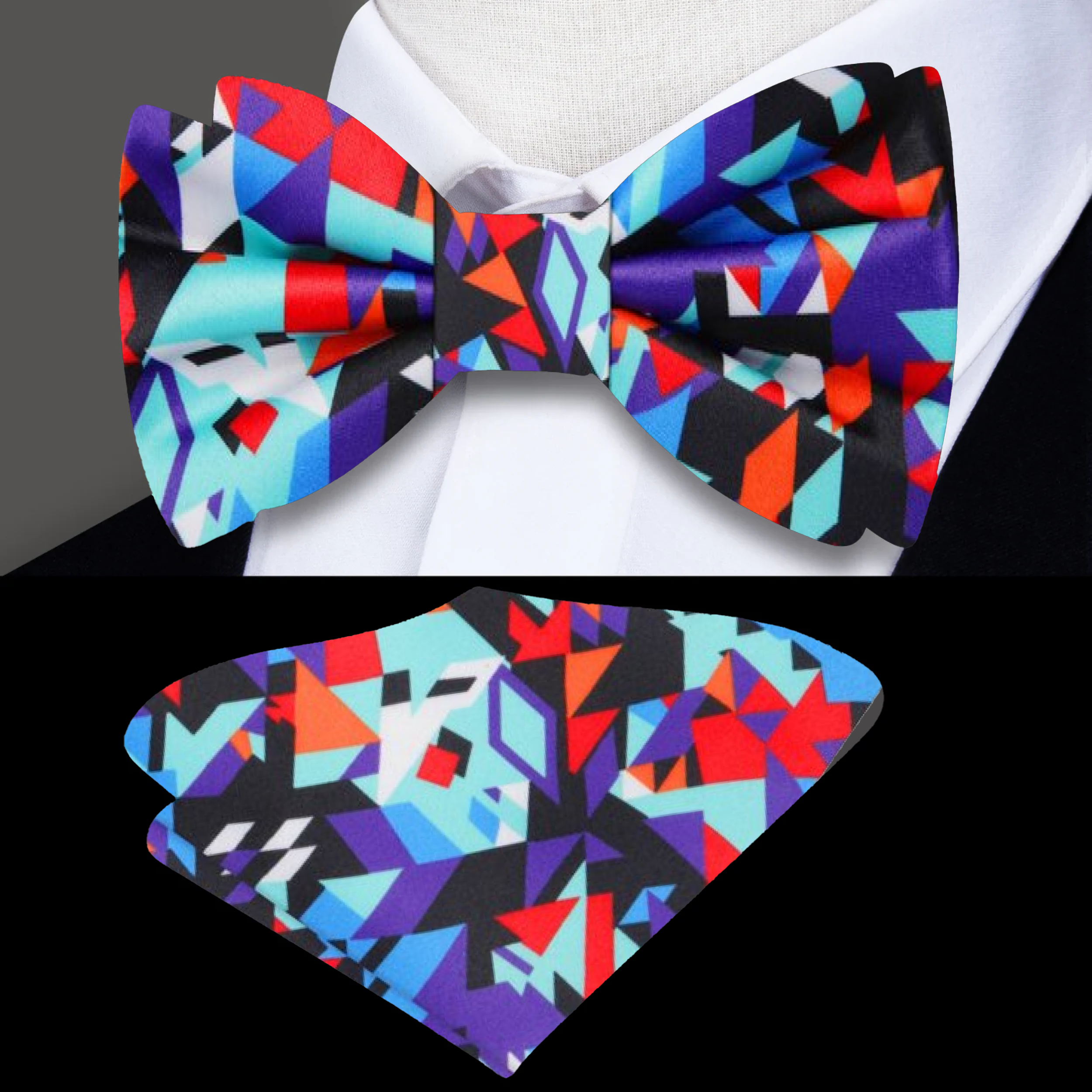 Close-up of a vibrant abstract silk bow tie with bold colors and intricate pattern