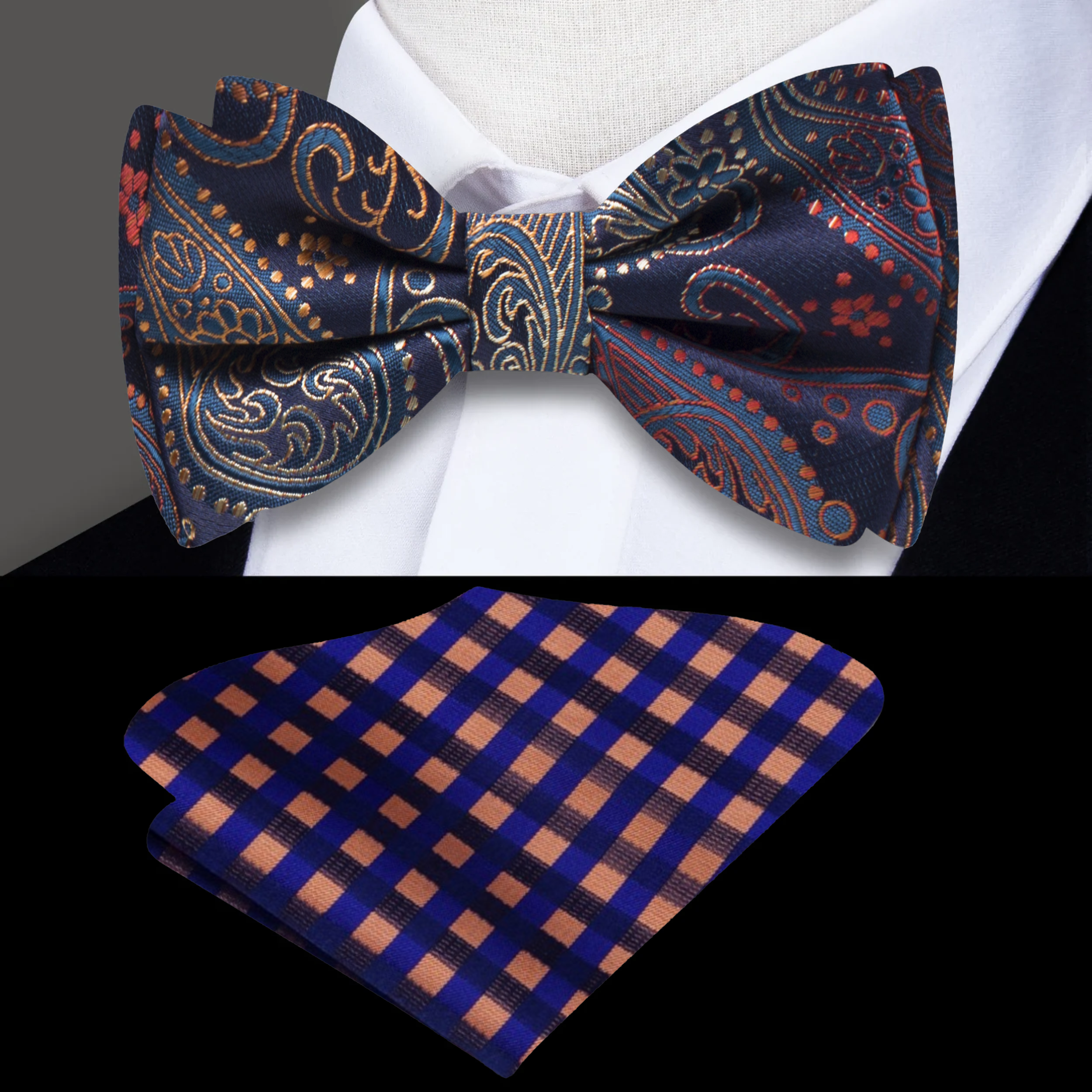 Man adjusting a sophisticated paisley bow tie for a formal event