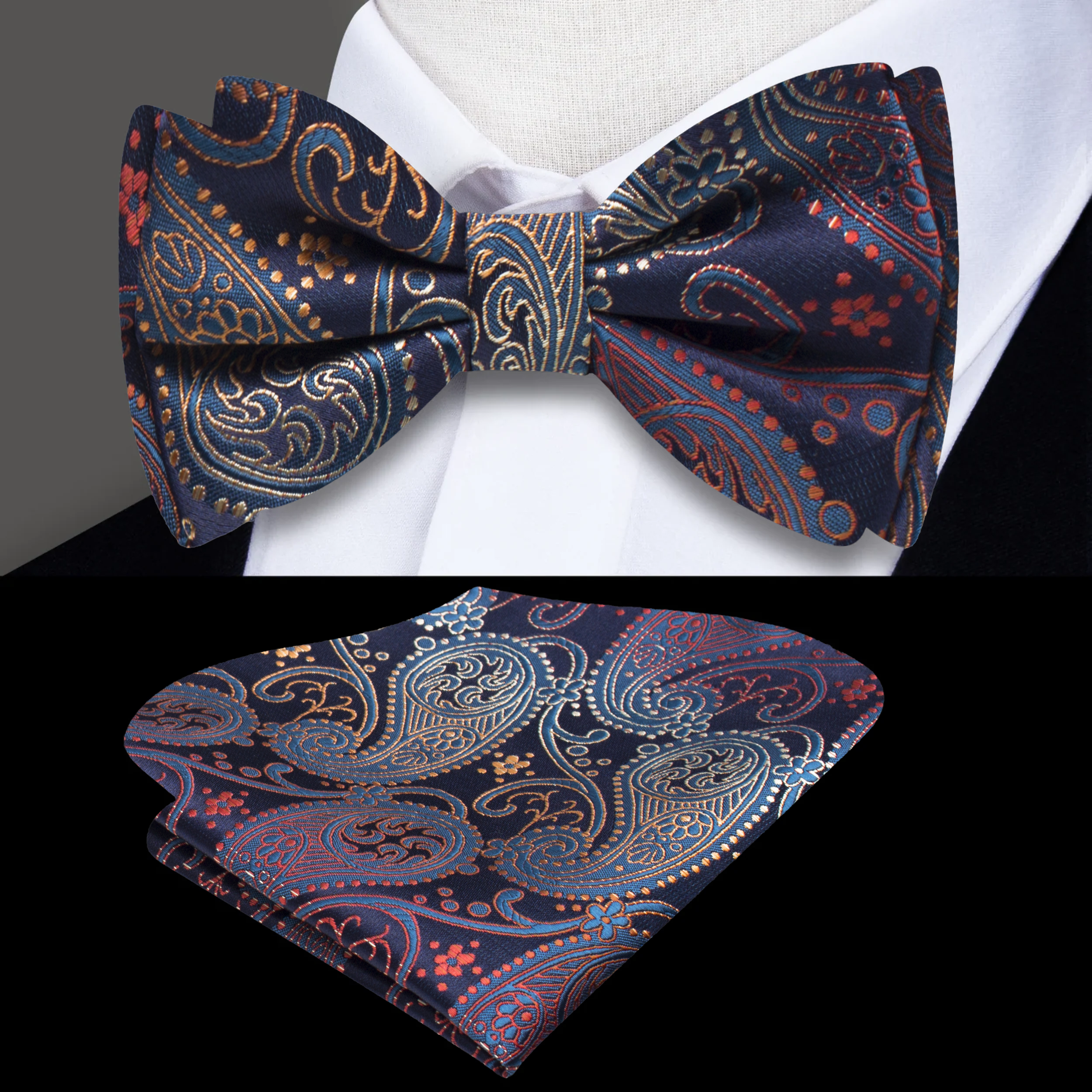Close-up of kids paisley bow tie in dark blue and orange for formal wear