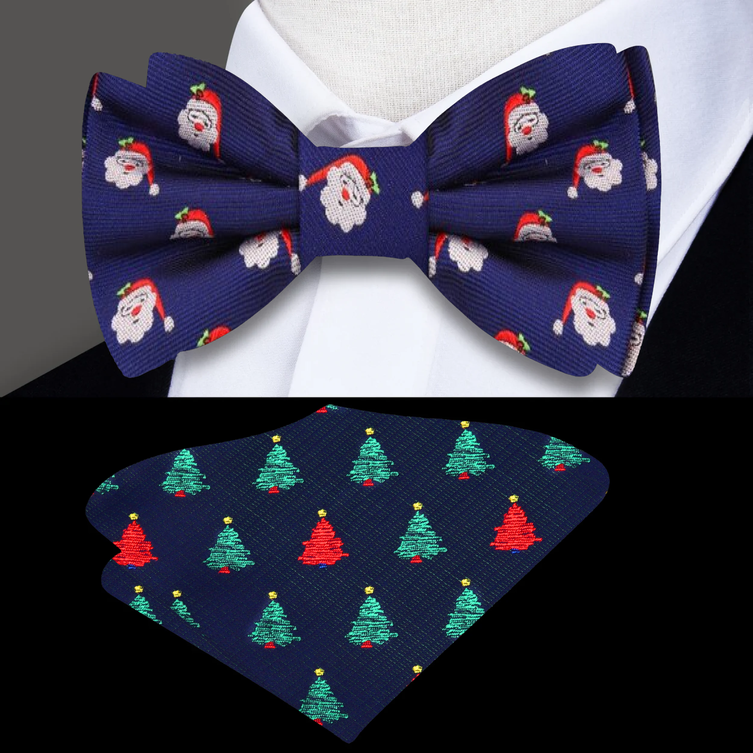 Festive Santa bow tie with matching pocket square on a holiday party outfit