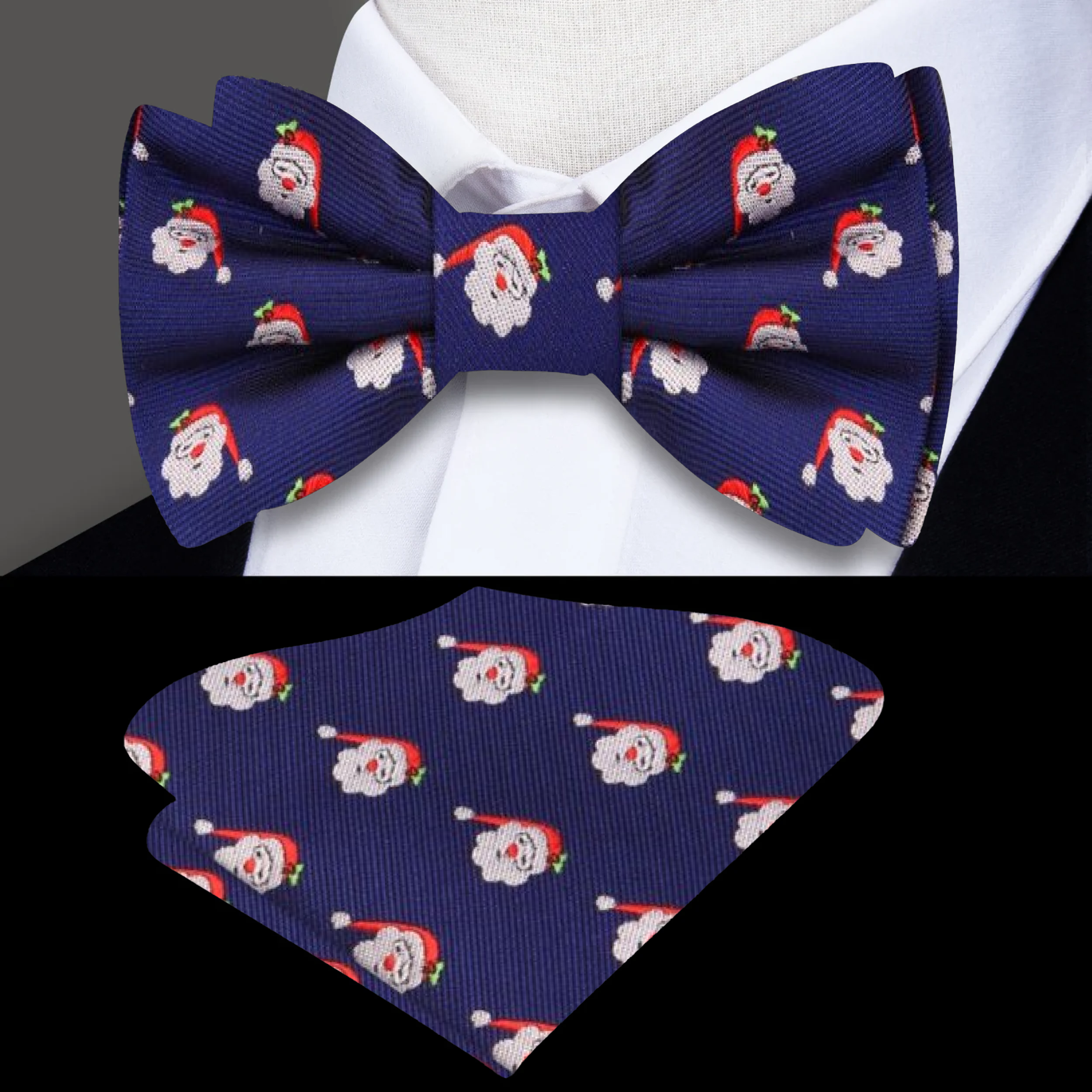 Close-up of Santa bow tie showing vibrant red, white, and blue colors