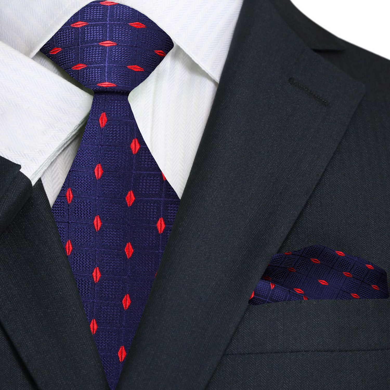 Fashionable mens tie in deep blue silk with subtle red checks for weddings