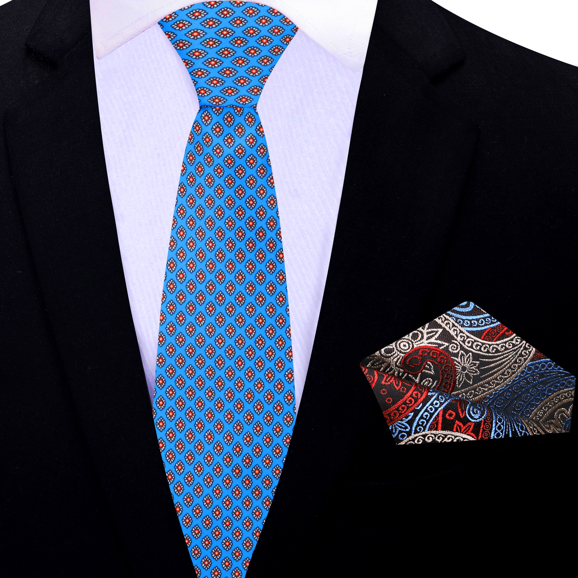 Close-up of the fabric texture highlighting the geometric medallion pattern on the mens silk tie